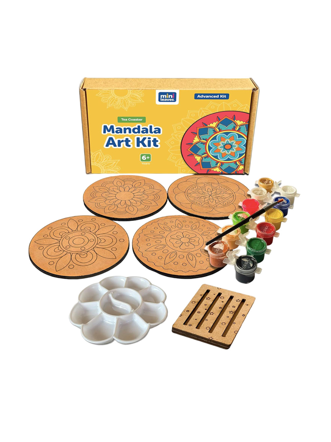 Mini Leaves Kids Wooden Tea Coaster Mandala Art Kit With Paint Brush & Palette