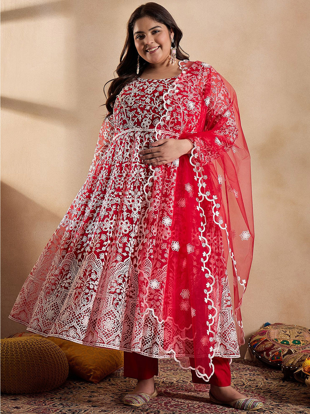 INDDUS PLUS Floral Embroidered Thread Work Anarkali Net Kurta with Trousers & Dupatta