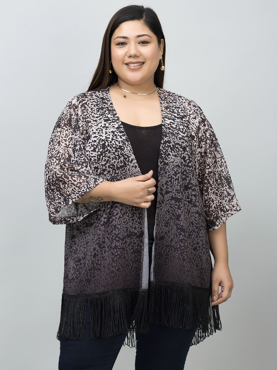 PURYS PLUS Animal Printed Tasselled Longline Kimono Shrug