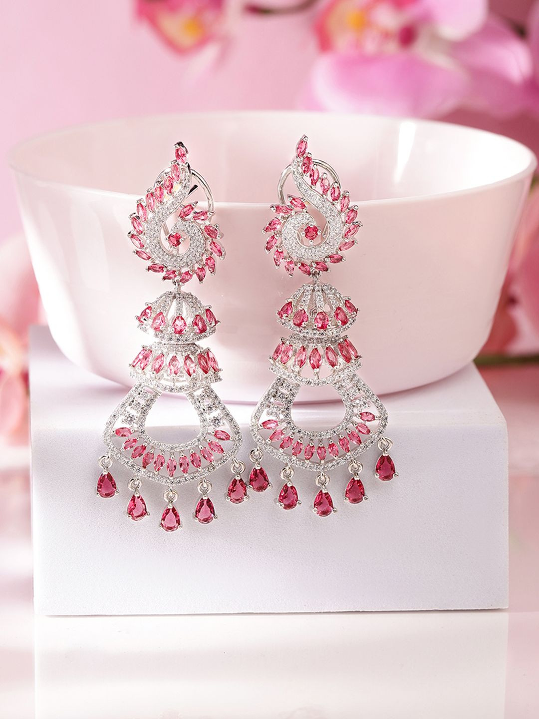 Priyaasi Silver-Plated American Diamond-Stone Studded Contemporary Shaped Drop Earrings