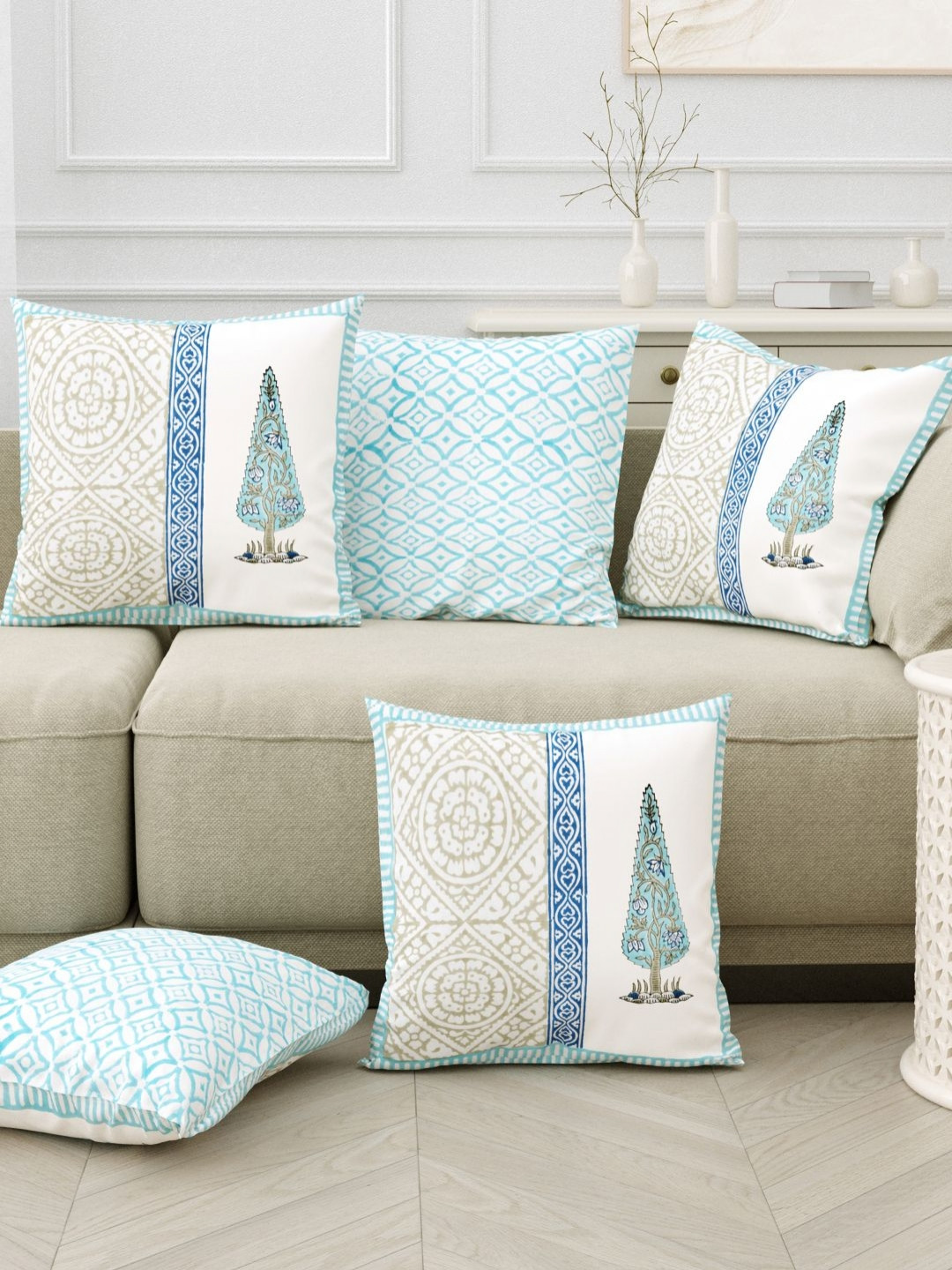 BLOCKS OF INDIA Blue & White 5 Pieces Ethnic Printed Pure Cotton Square Cushion Covers