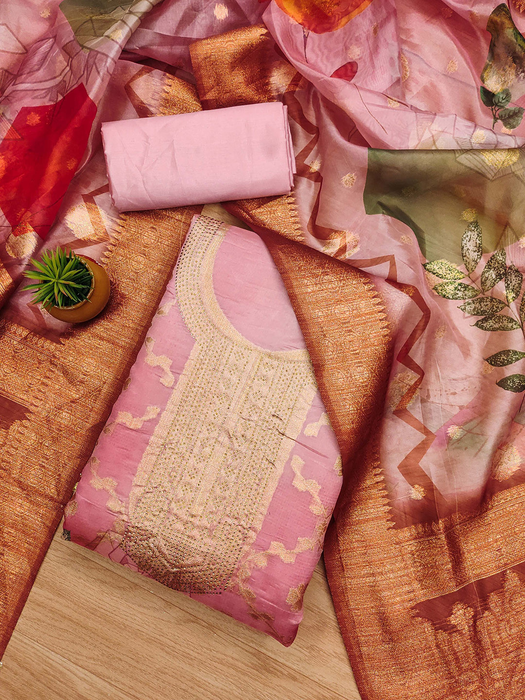 Maroosh Floral Woven Design Stone Work Organza Unstitched Dress Material