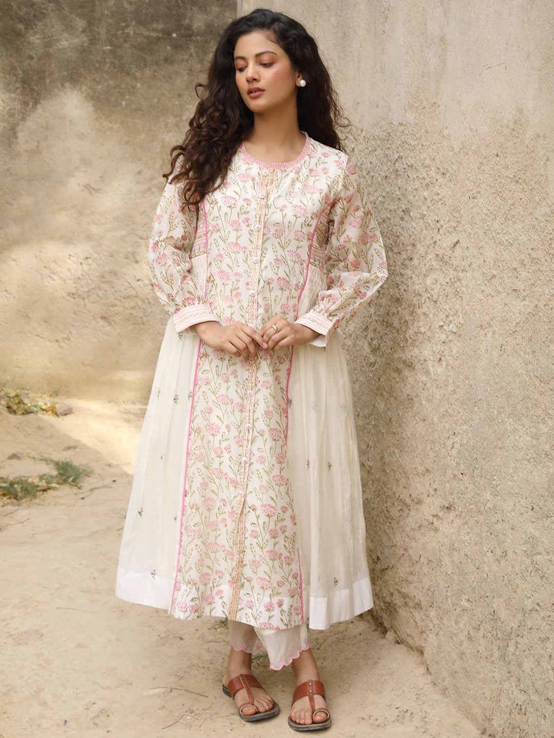 AMOREE Floral Printed Round Neck Pure Silk Anarkali Kurta With Palazzos & Dupatta