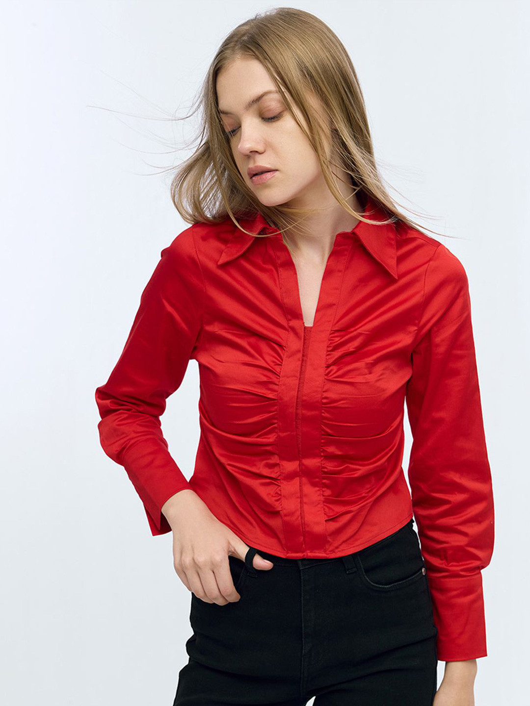 COVER STORY Women Cherry Red Ruched Front Casual Shirt