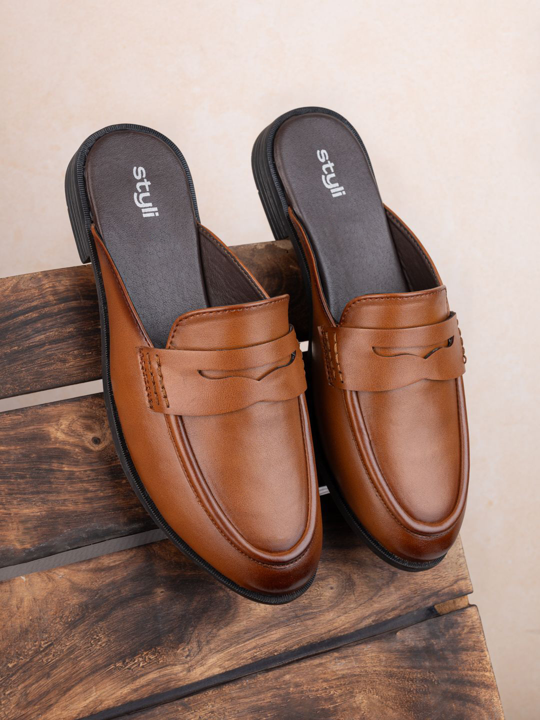 Styli Men Faux Leather Classic Slip On Loafer Style Mules