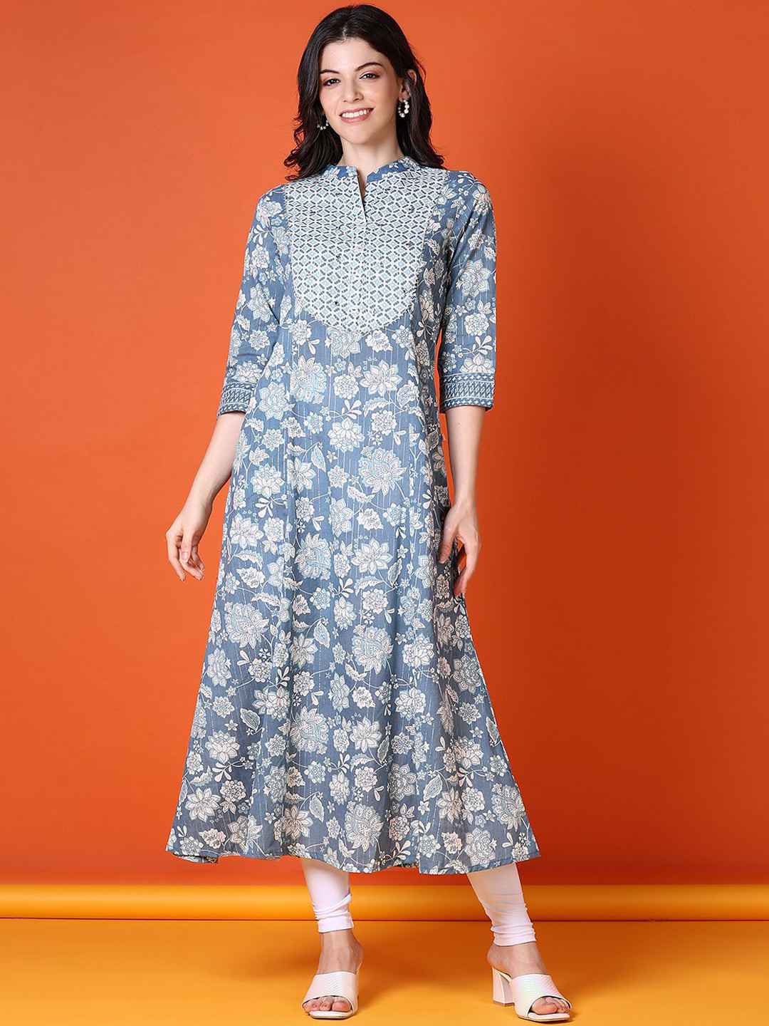 V-Mart Floral Printed Mandarin Collar Machine Wash Cotton A-Line Kurta