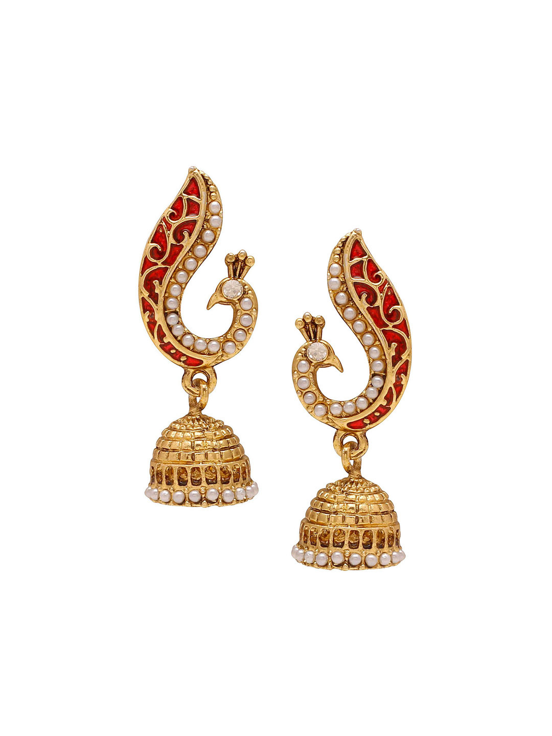 MEMOIR Gold-Plated Quartz Studded Peacock Shaped Meenakari Jhumkas