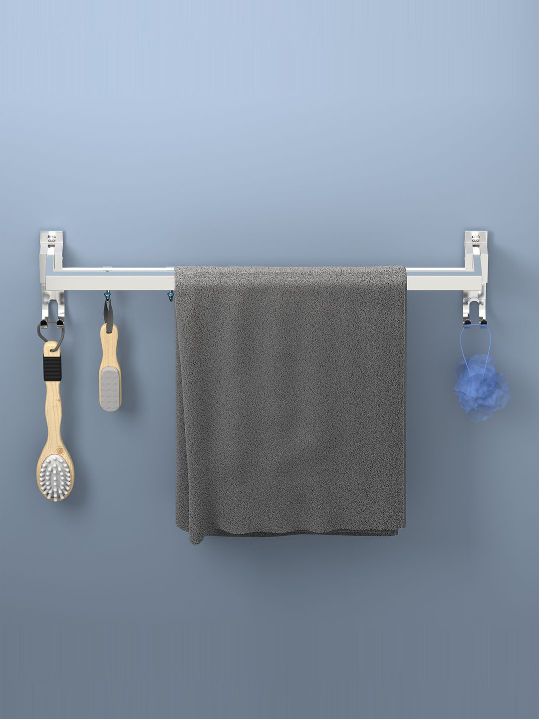 Kuber Industries Silver-Toned Stainless Steel Towel Rod With Hooks and Holders