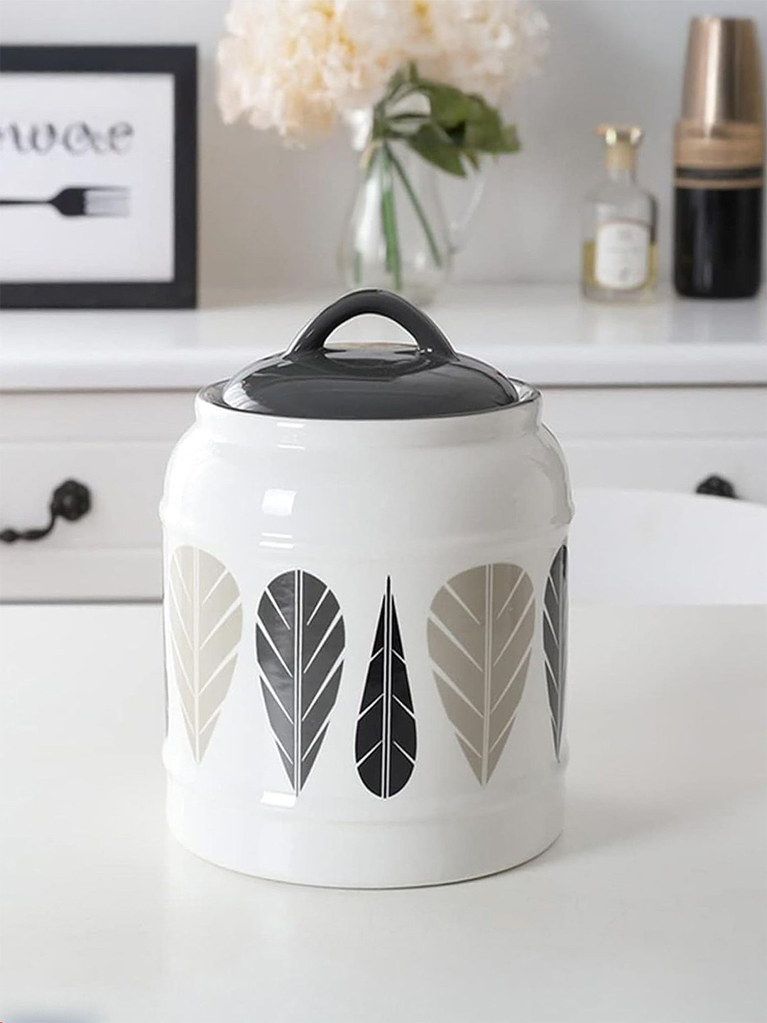 Ekhasa Grey & White Printed Ceramic Canister Jar With Lid 2.5 L