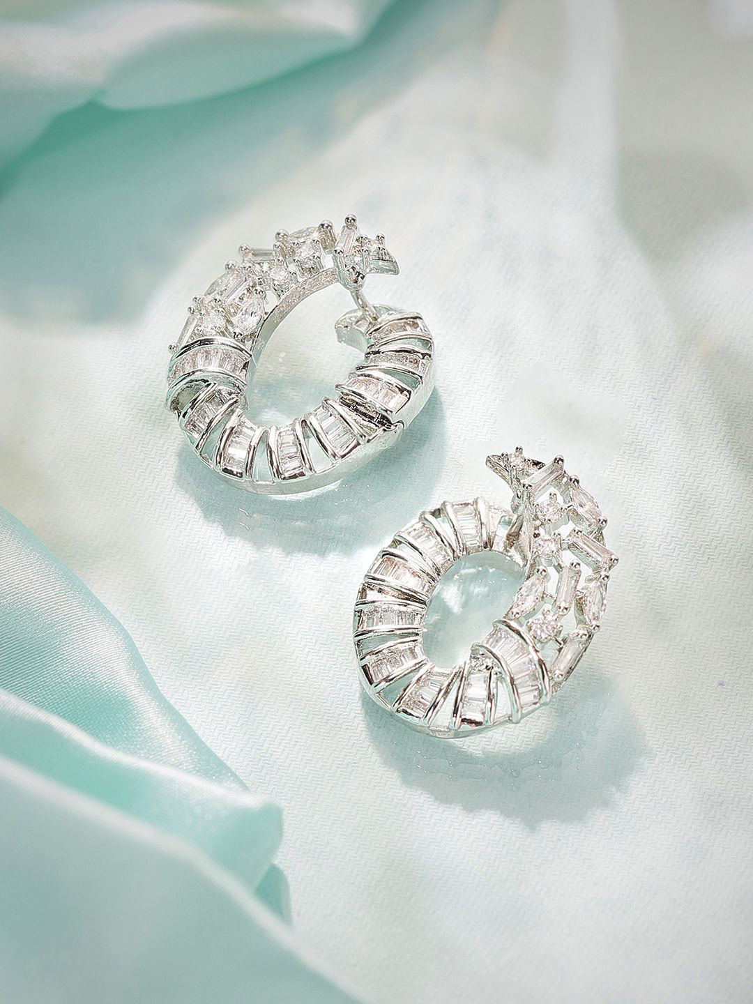 Priyaasi Silver-Plated American Diamond-Stone Studded Geometric Style Studs