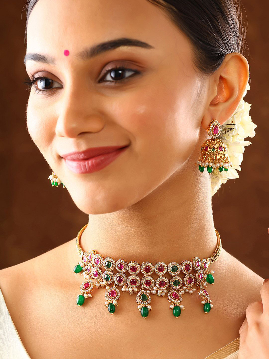Priyaasi Gold-Plated Stone Studded & Beaded Two Lined Jewellery Set