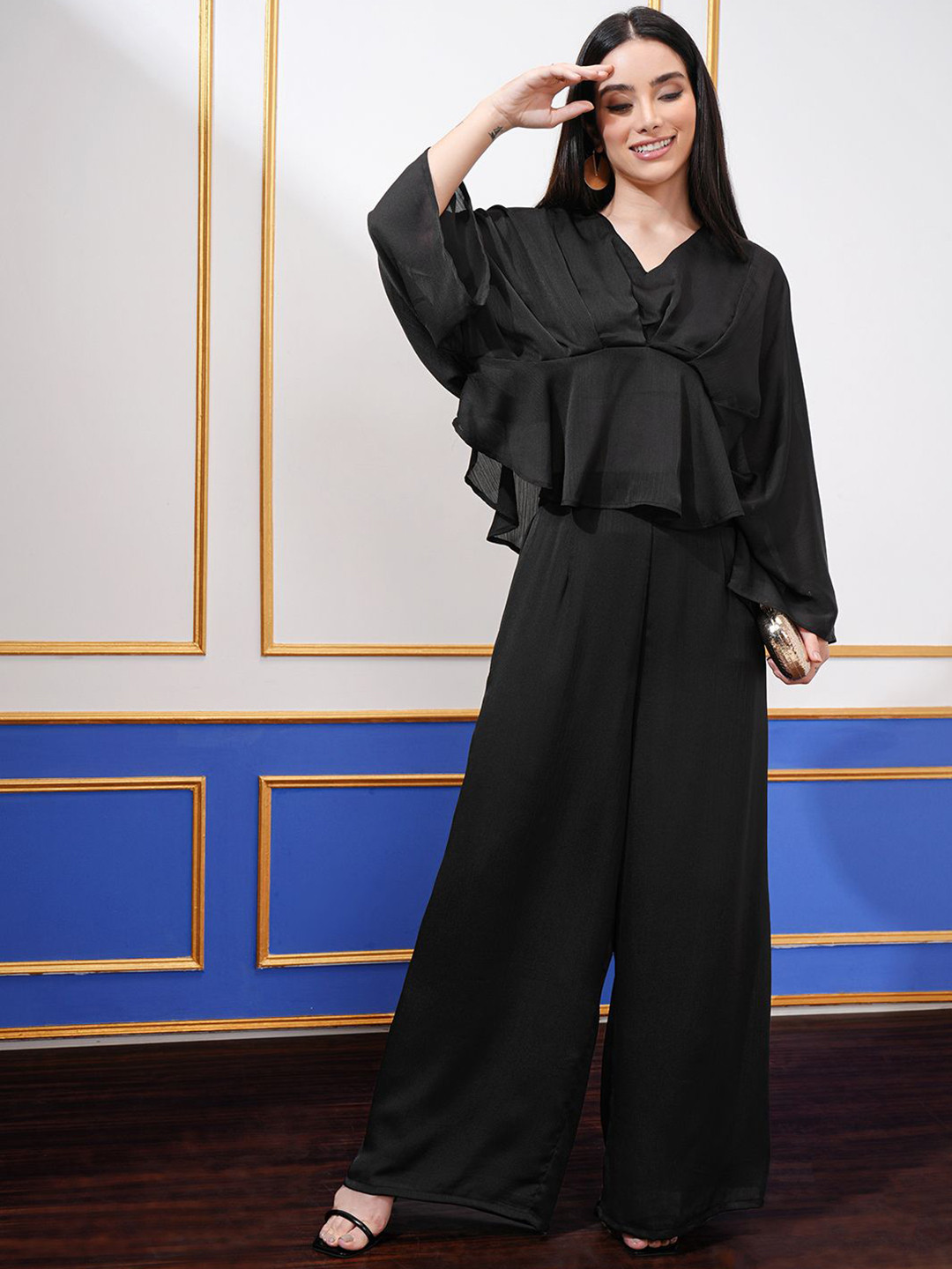 Vishudh Black V-Neck Long Sleeves Tunic With Palazzo