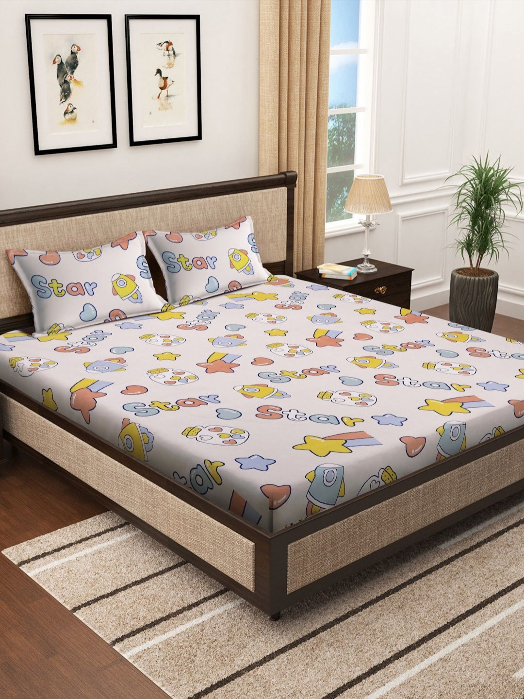 LITTLE GINNIE White Graphic Cotton 144 TC Queen Bedsheet with 2 Pillow Covers-100 x 89 inches