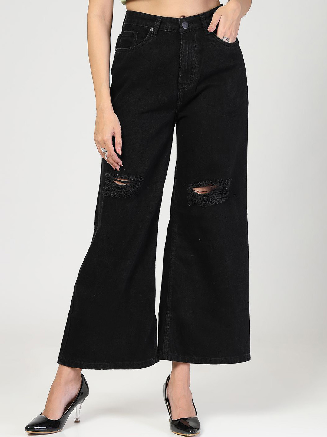 Style Quotient Women Jean Wide Leg High-Rise Slash Knee Denim Jeans