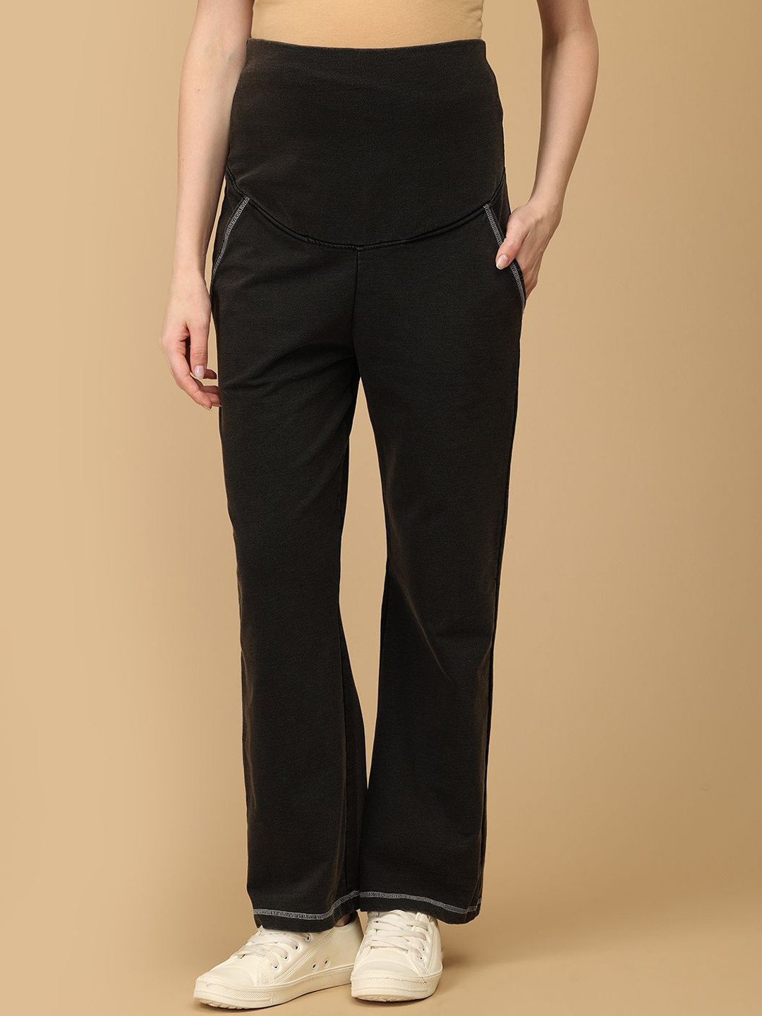 The Mom Store Women Cotton Flared High-Rise Maternity Trousers With Belly Support