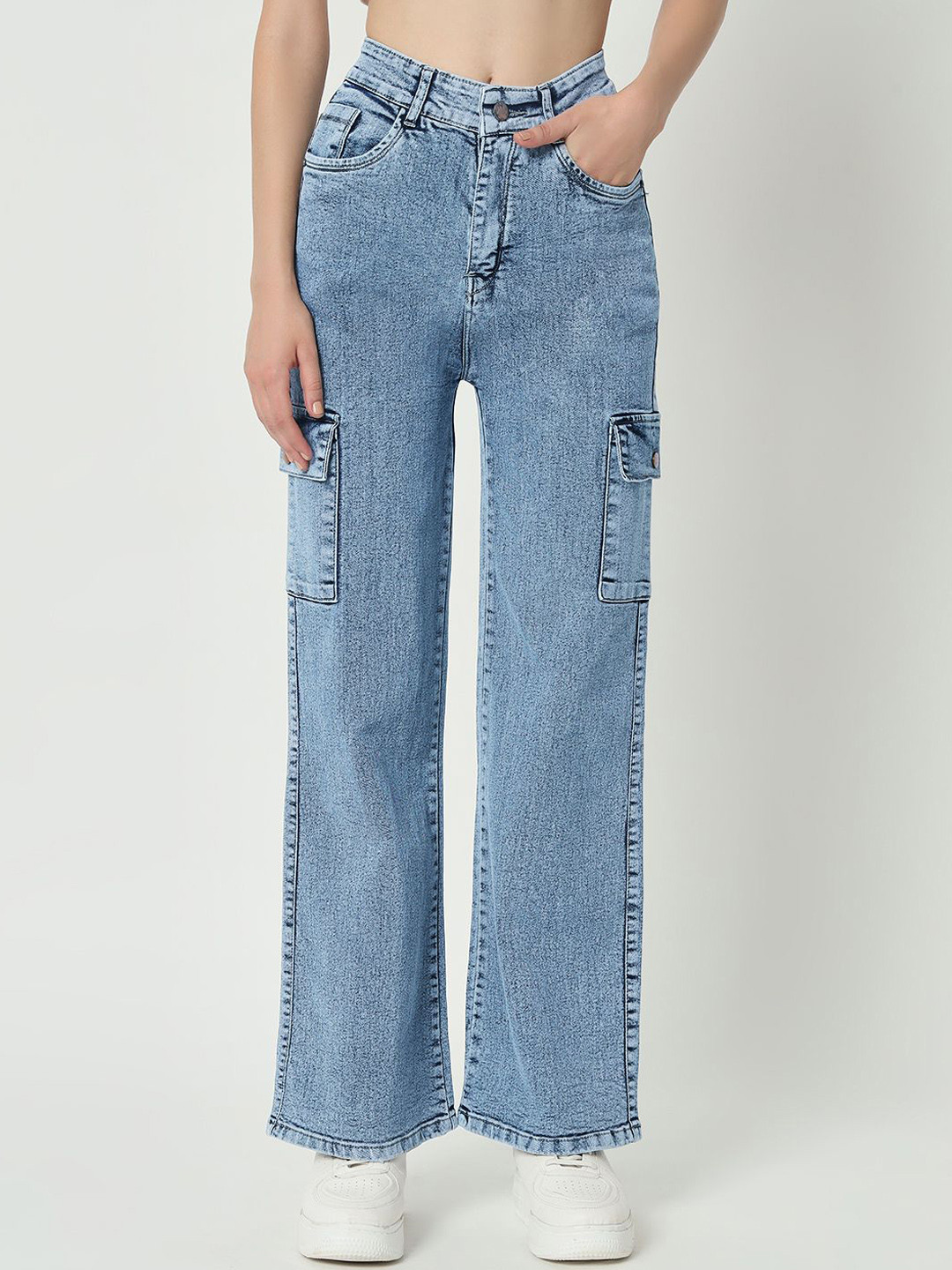 M MODDY Women Jean Straight Fit High-Rise Stretchable Cargo Jeans