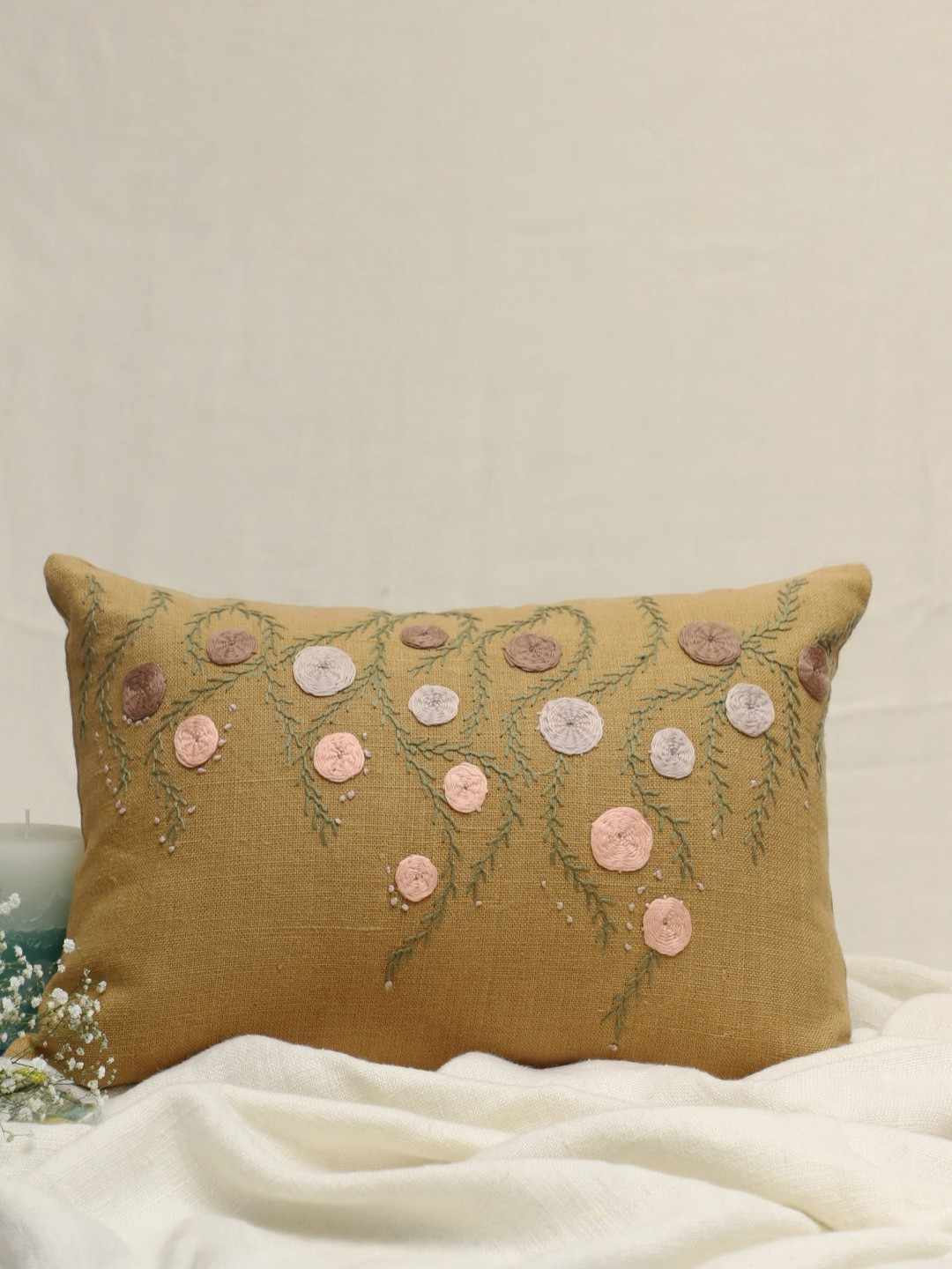 DESIGN GAATHA Yellow & Green Floral Linen Rectangle Cushion Covers