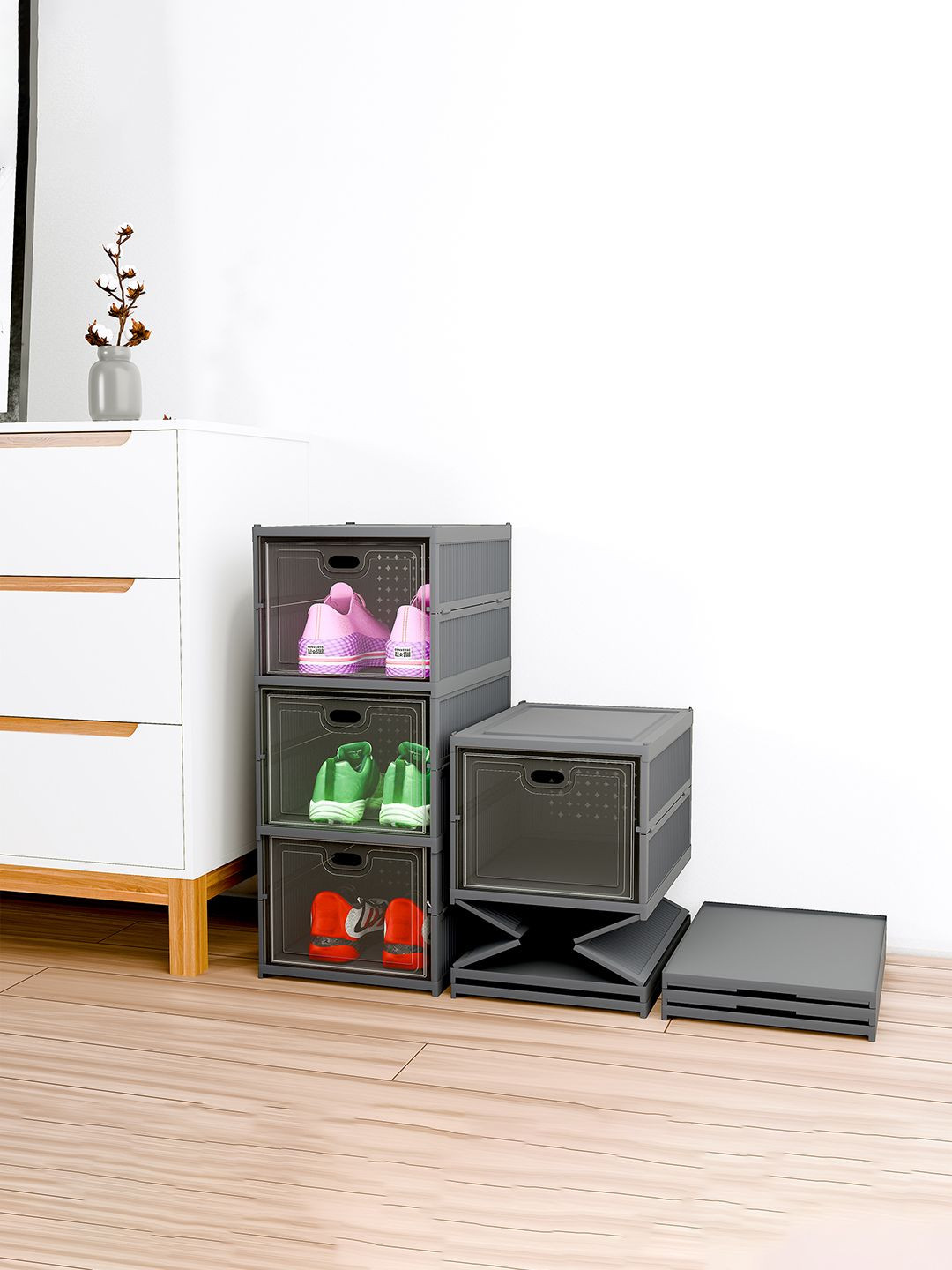 Kuber Industries Grey 3-Tier Shoe Rack Foldable Sneakers Box Storage Shoe Organizer Box