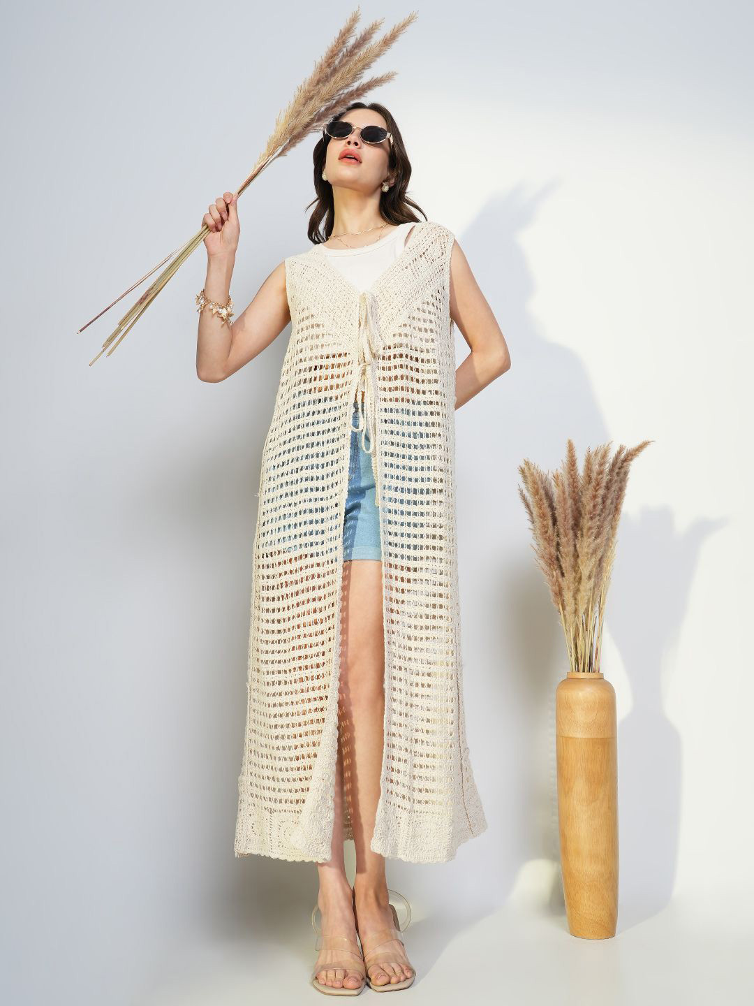SHOWOFF Self Design Longline Crochet Acrylic Tie-Up Shrug