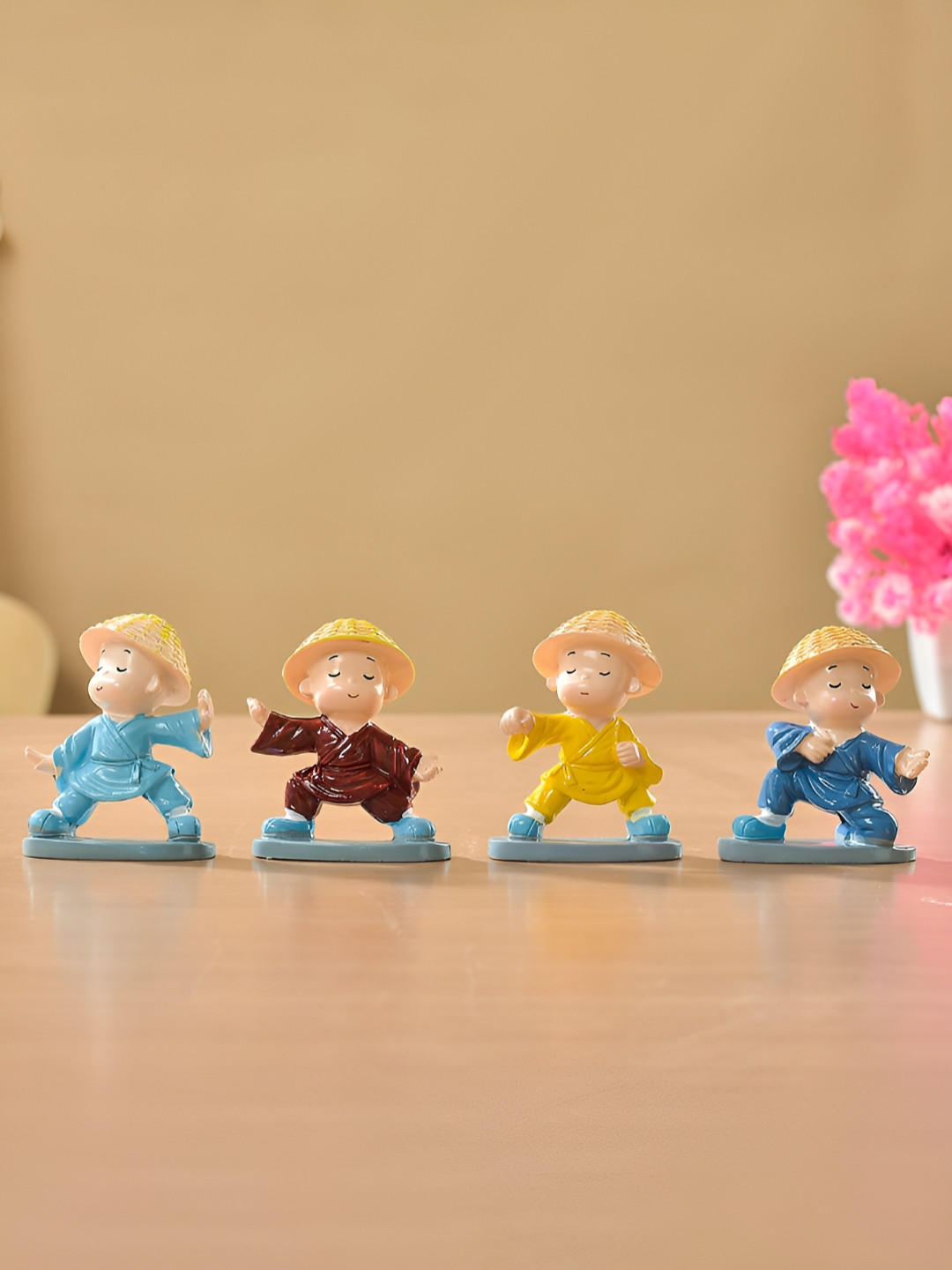 TAYHAA Miniature Monk Buddha Blue Polyresin Glossy Living Room Set of 4 Small Showpieces - 2.8 Inches