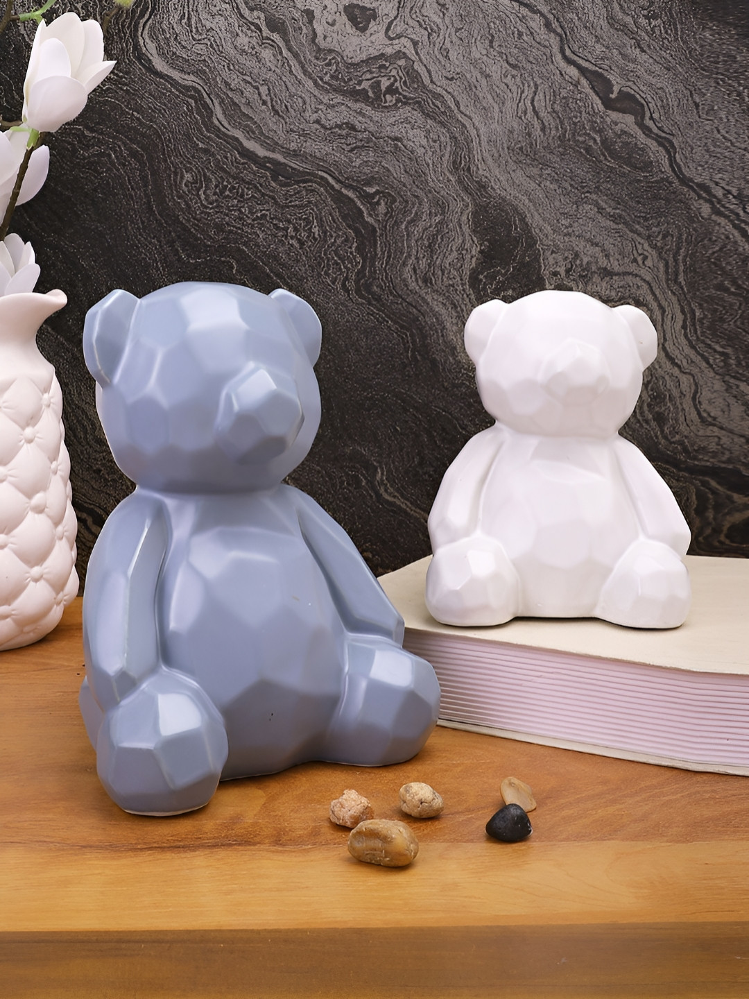 TAYHAA Teddy Bear White Ceramic Natural Living Room Set of 2 Small Showpieces - 7.5 Inches