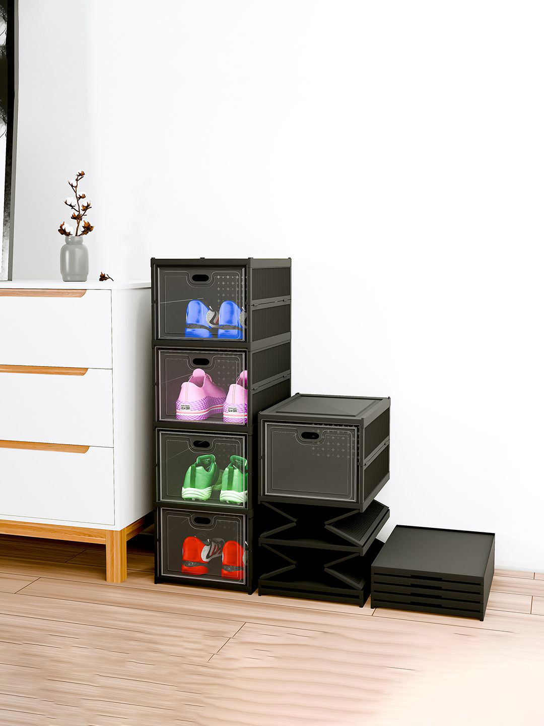 Kuber Industries Black 4-Tier Shoe Rack Foldable Sneakers Box Storage Shoe Organizer Box