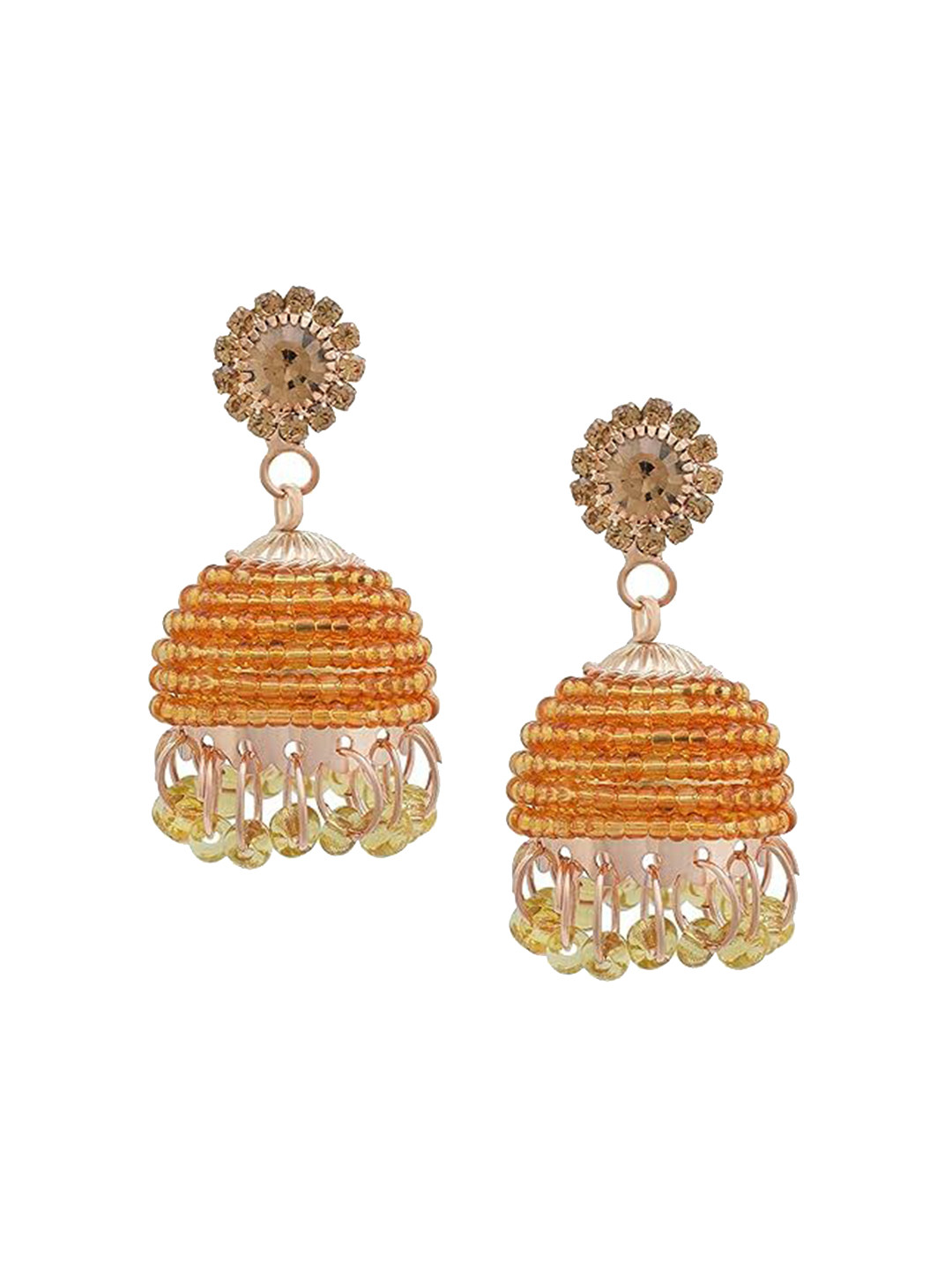 MEMOIR Gold-Plated Quartz Studded & Crystal Beaded Dome Shaped Jhumkas