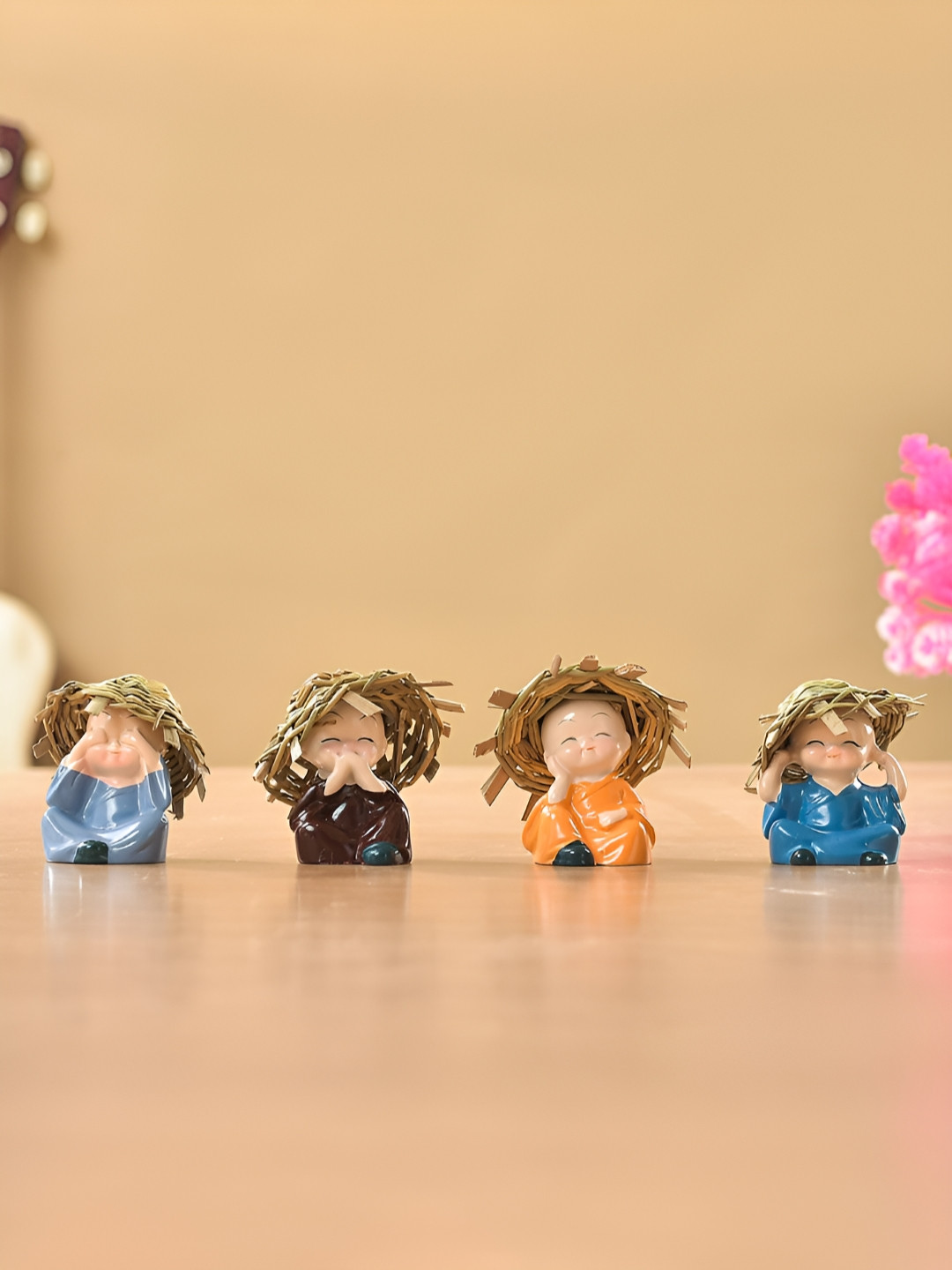 TAYHAA Miniature Monks with Hat Nude Polyresin Glossy Living Room Set of 4 Tiny Showpieces - 2.6 Inches