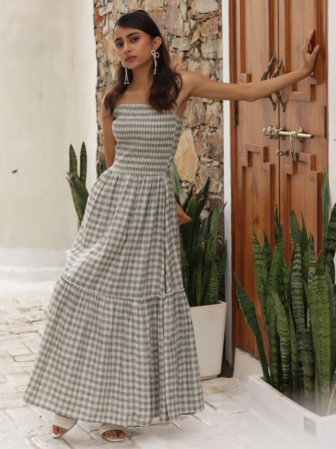 Tasya India Women Strapless Checked Fit & Flare Maxi Dress