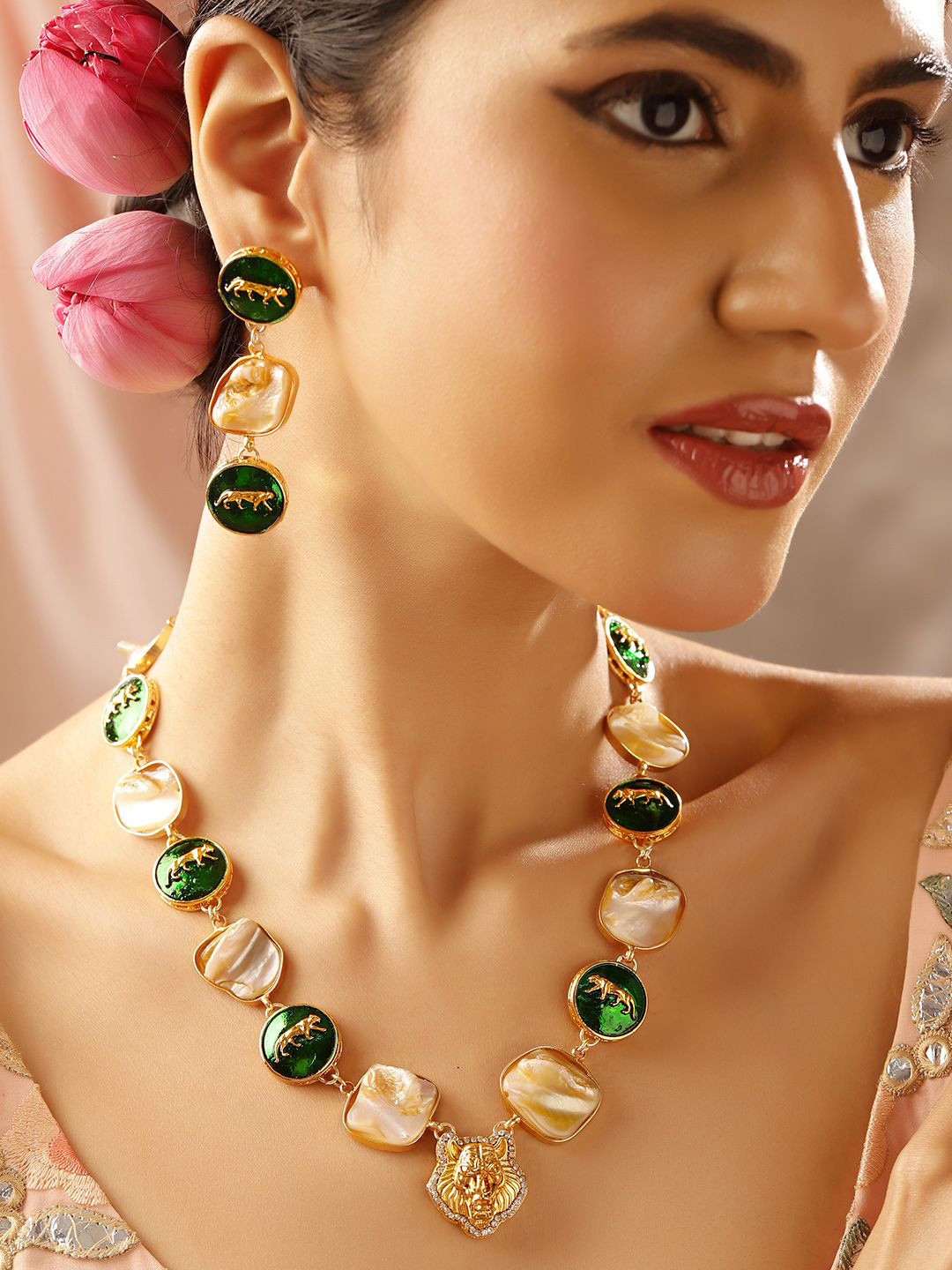 Priyaasi Gold-Plated Tiger Faced Elegance Kundan-Studded Jewellery Set