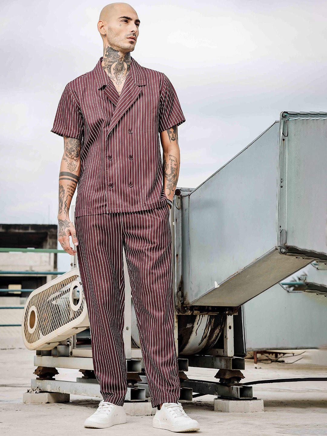 House of Koala Notched Lapel Collar Striped Shirt With Trousers