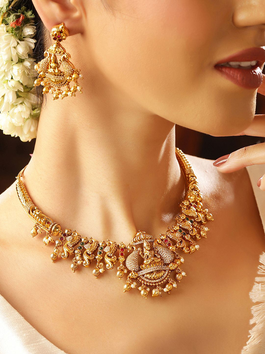 Priyaasi Stone-Studded Lakshmi Twin Peacock Jewellery Set
