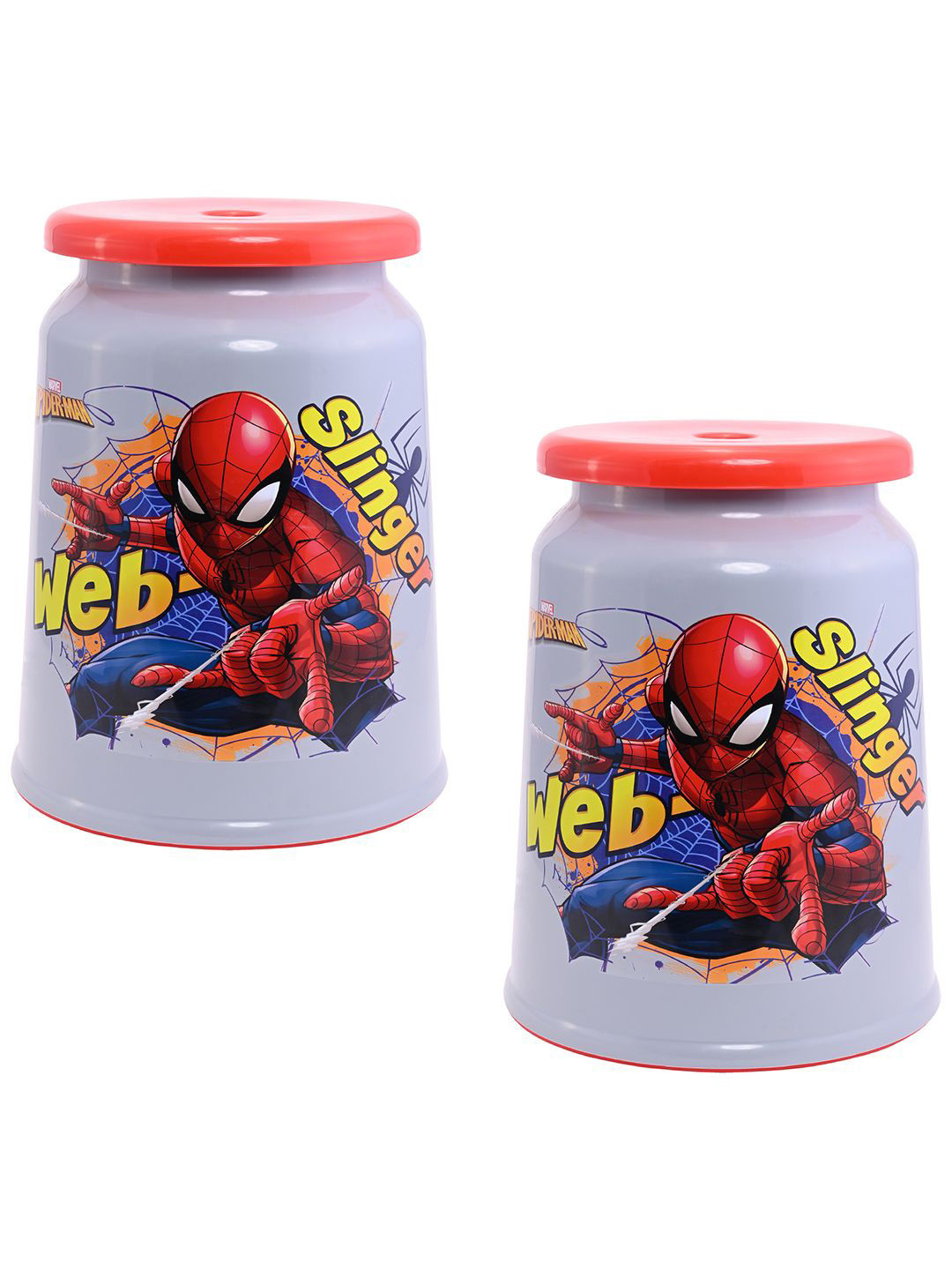 Kuber Industries Grey & Red 2 Pieces Marvel Spiderman Printed Round Stools