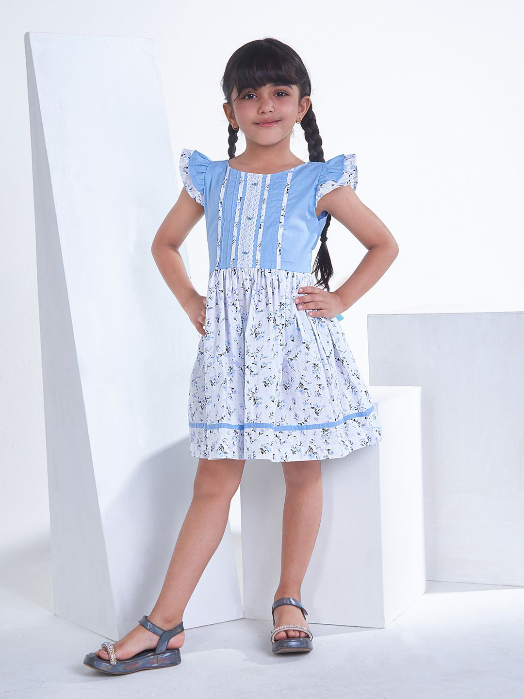 Soleilclo Girls Cotton Floral Printed Flutter Sleeve Fit & Flare Dress