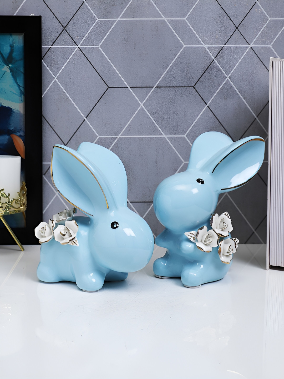 TAYHAA Rebbit Pair Coastal Charm Blue Ceramic Natural Living Room Set of 2 Small Showpieces - 7.3 Inches