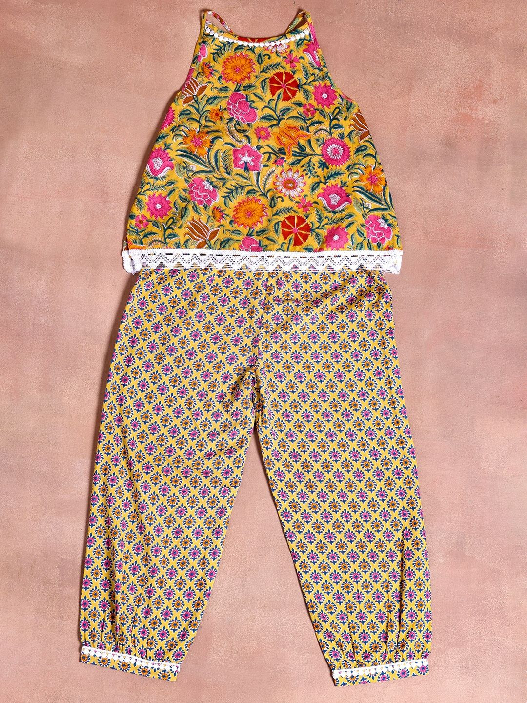 Libas KIDS Girls Floral Printed Criss-Cross Neck Pure Cotton Top With Salwar