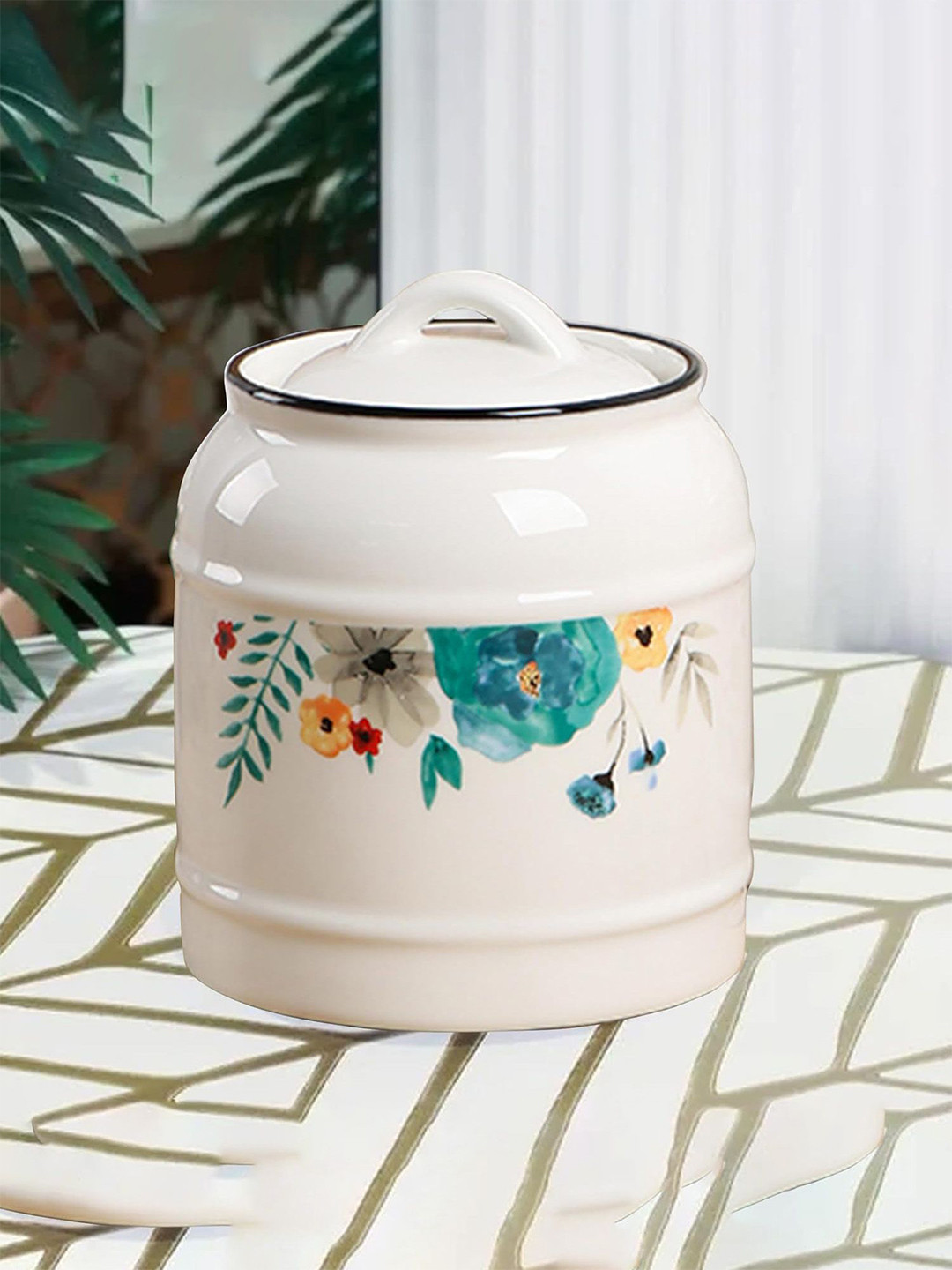 Ekhasa White & Blue Floral Printed Ceramic Canister Container with Lid - 750 ml