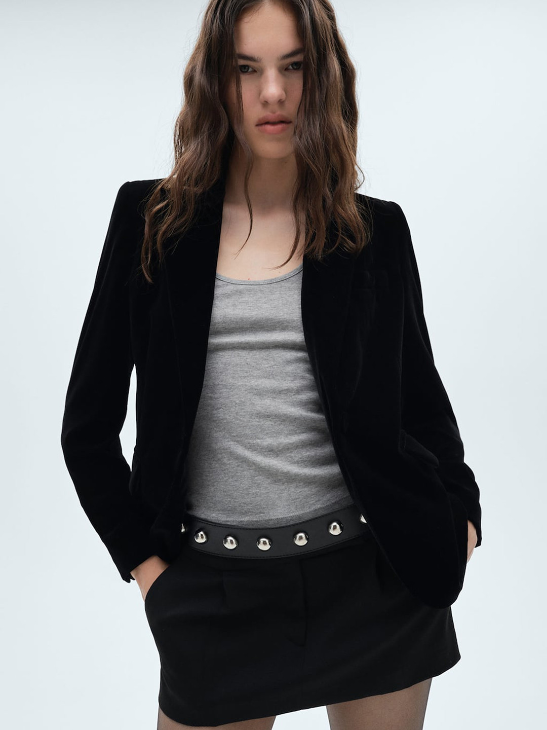 MANGO Peaked Lapel Velvet Front Open Blazer