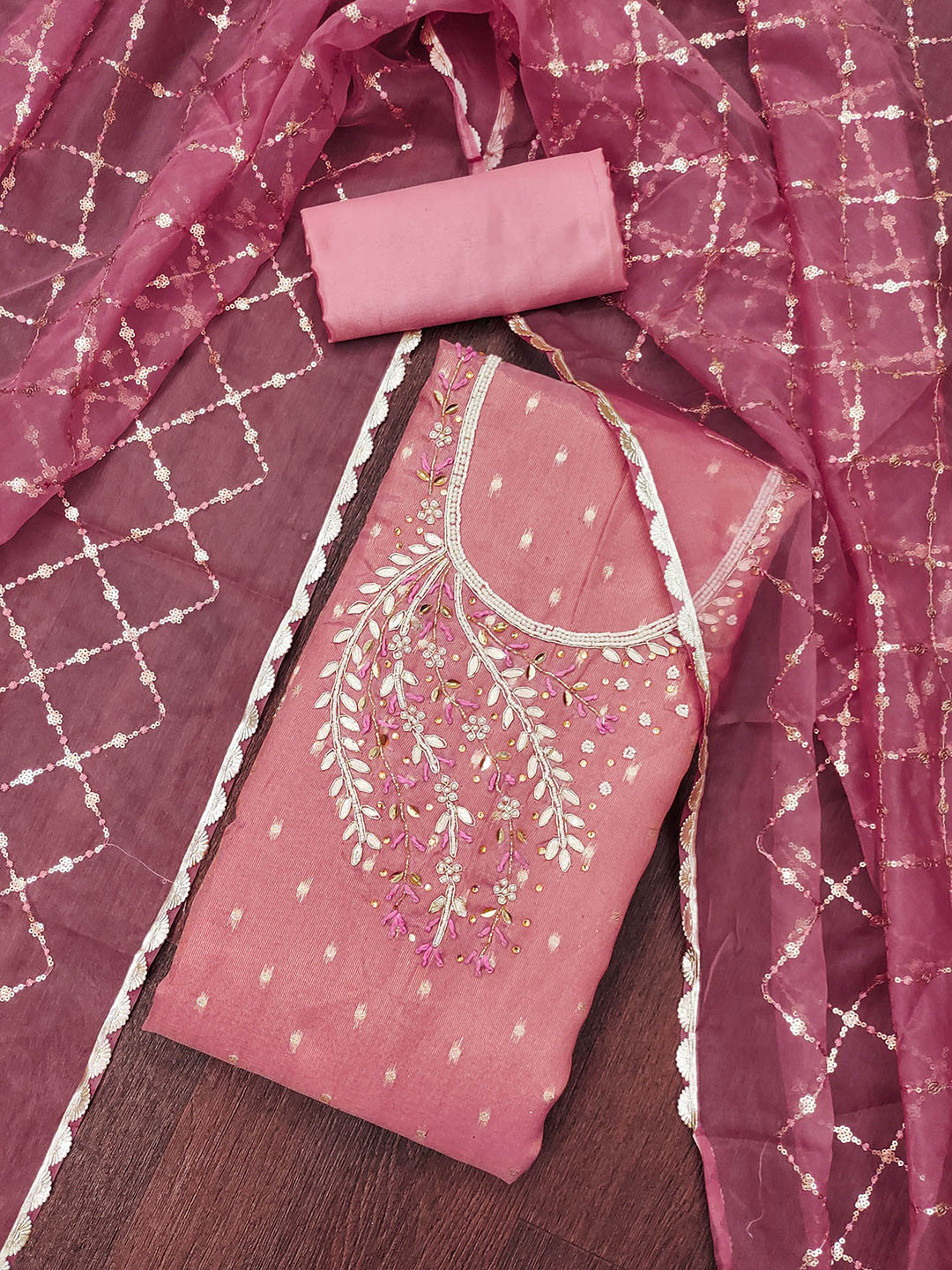 Maroosh Floral Embellished Beads and Stones Simmer Banarasi Unstitched Dress Material