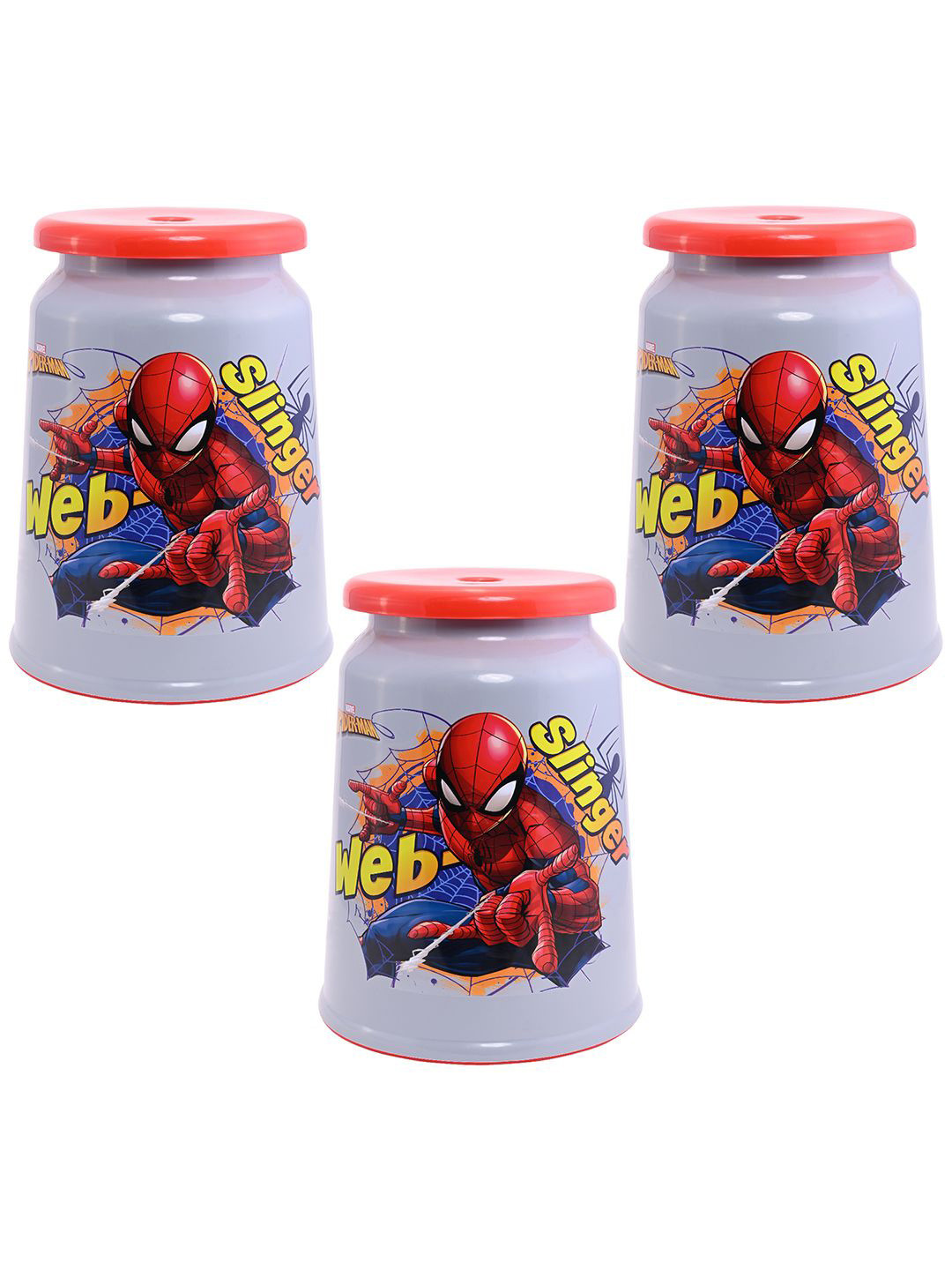 Kuber Industries Grey & Red 3 Pieces Marvel Spiderman Printed Round Stools