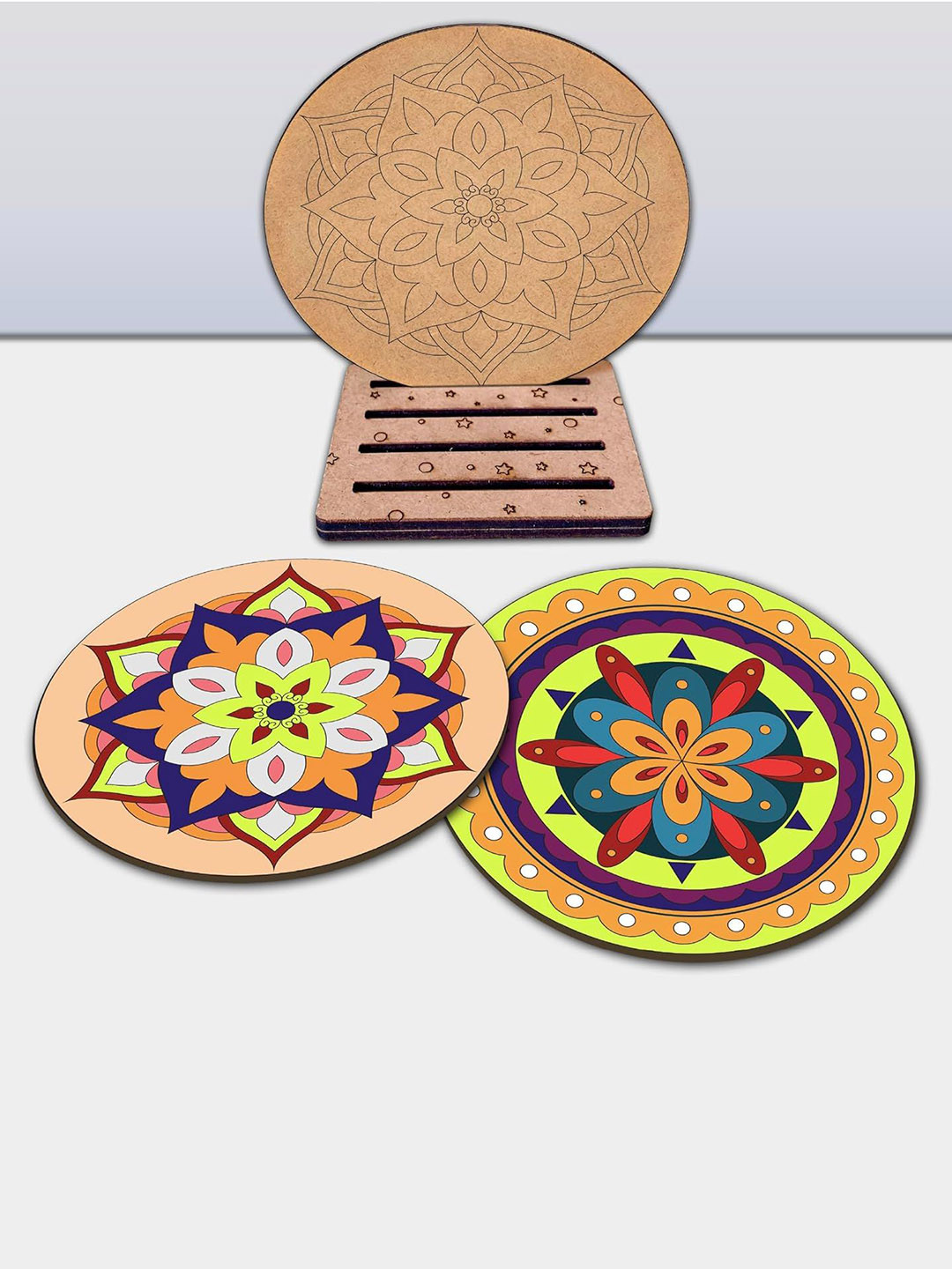 Mini Leaves Kids Wooden Tea Coaster Mandala Art Kit With Paint Brush & Mixing Palette