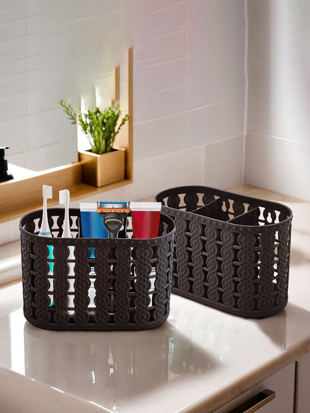 Kuber Industries Brown 2 Pieces Hanging & Wall Mounted 5 Compartment Organisers