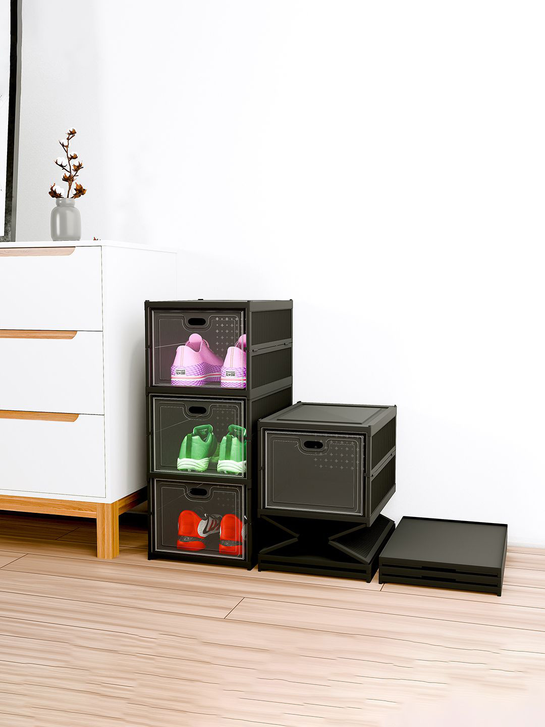Kuber Industries Black 3-Tier Shoe Rack Foldable Sneakers Box Storage Shoe Organizer Box