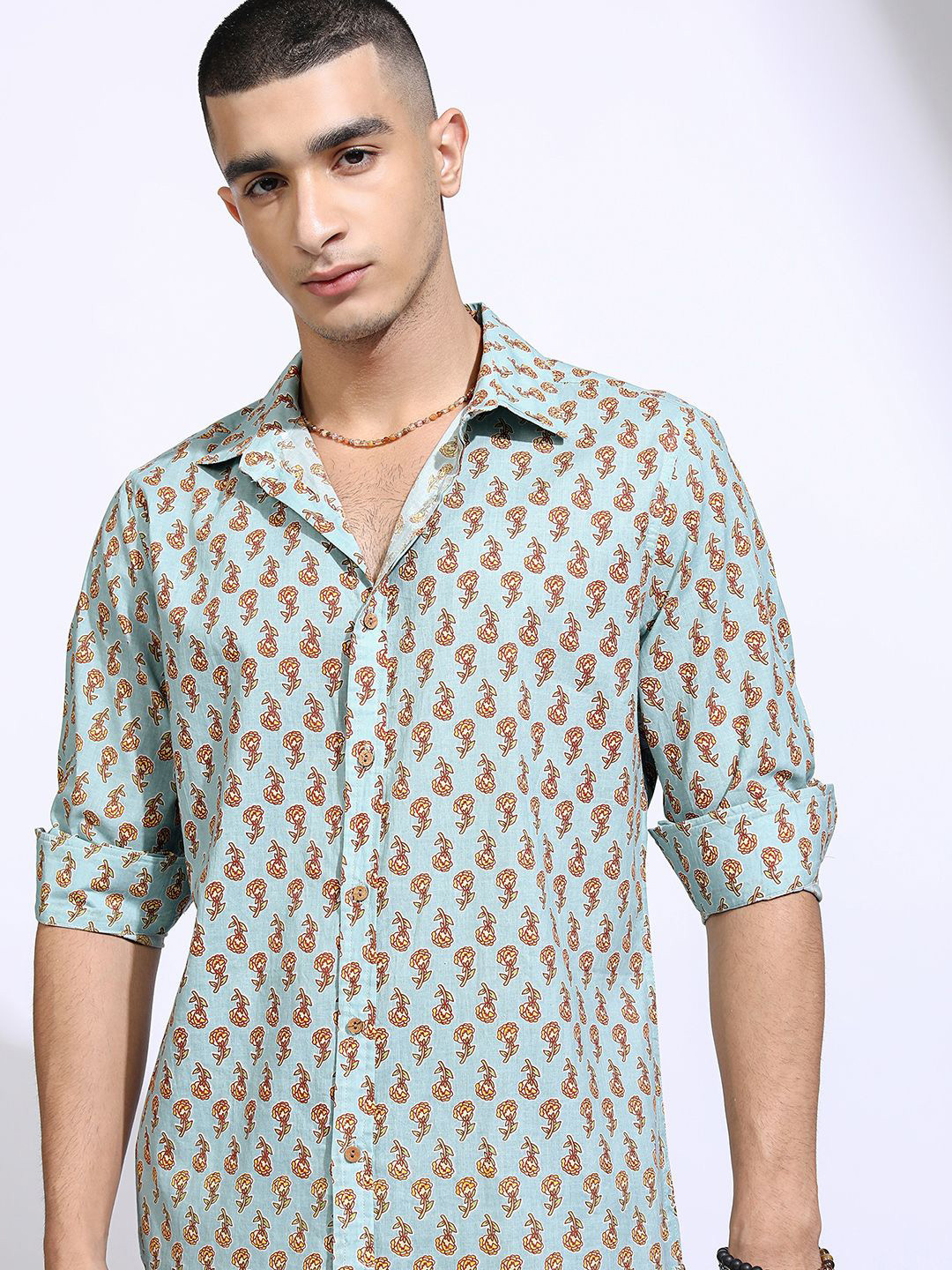 HIGHLANDER Men Mandarian Collar Full Sleeve Shirt