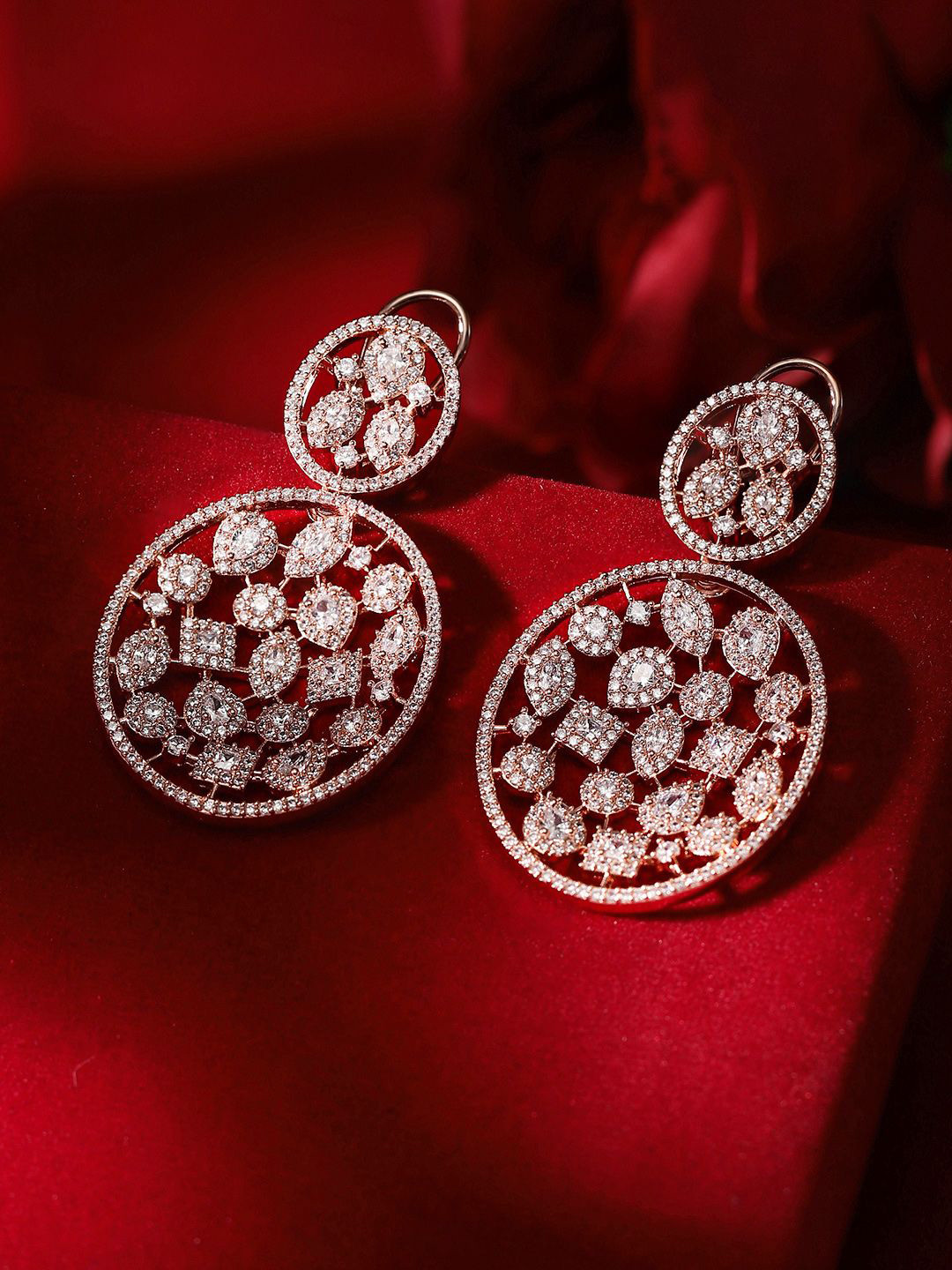 Priyaasi Rose Gold-Plated American Diamond-Stone Studded Oval Shaped Drop Earrings