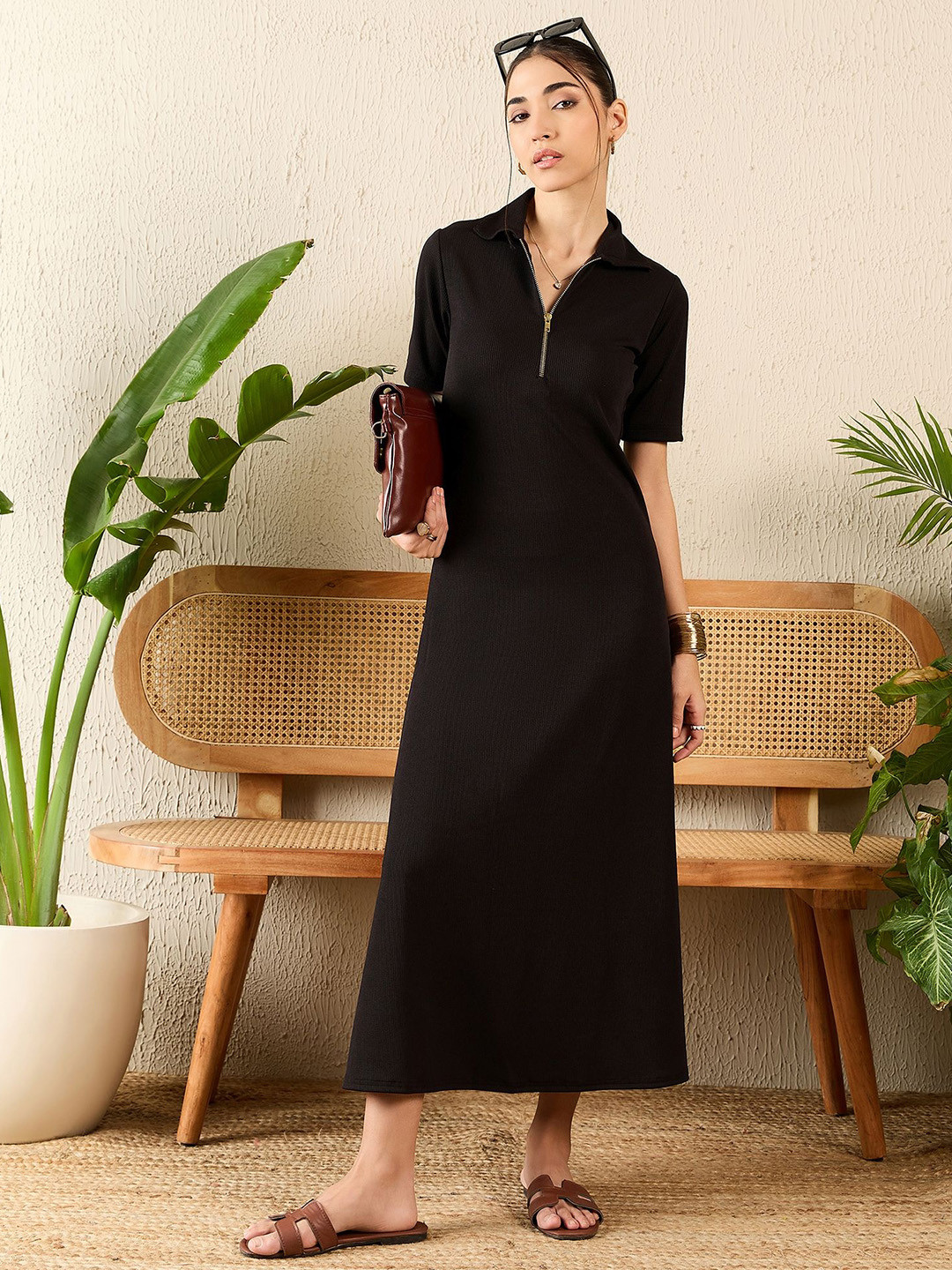 Uptownie Stretchable Front Zip-up Midi Dress