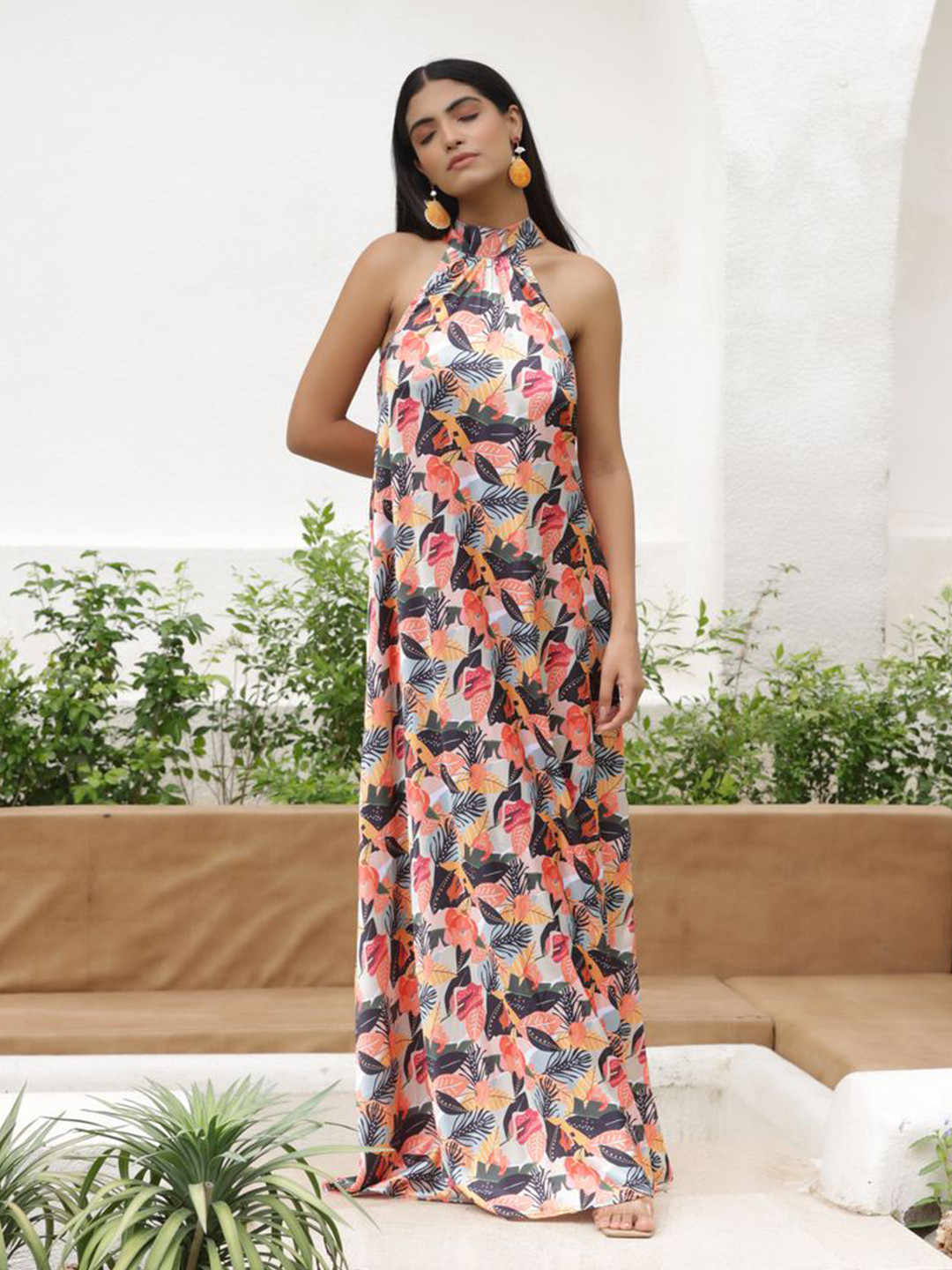 Tasya India Women Floral Printed Halter Neck Satin Maxi Dress