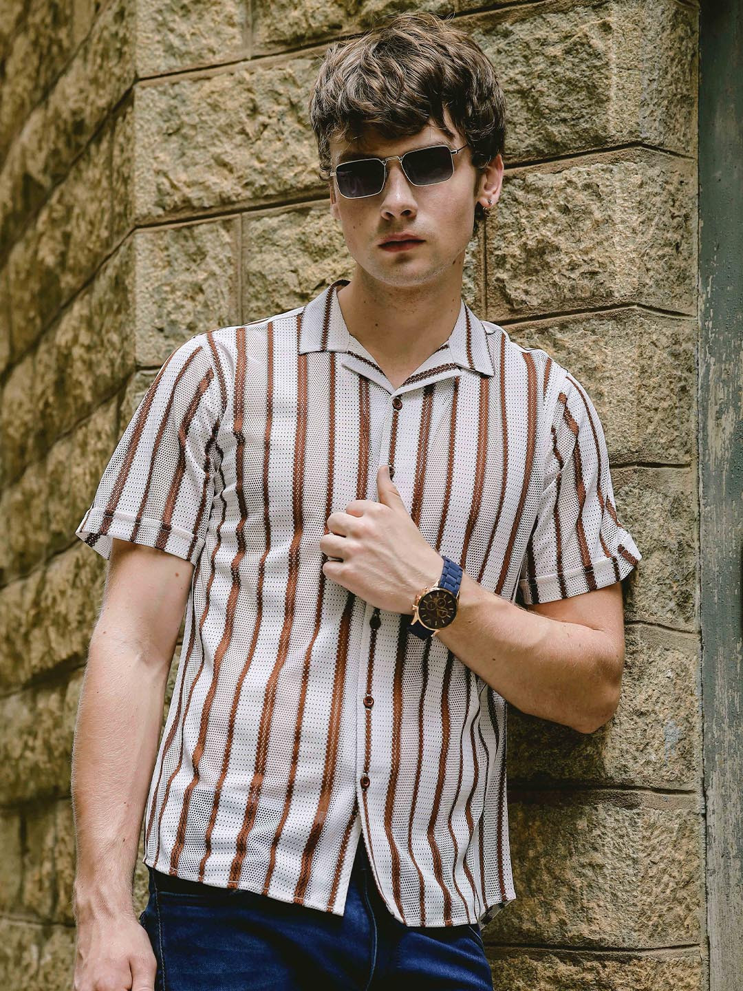 HERE&NOW Men Cuban Collar Multi Stripes Self Design Slim Fit Casual Shirt