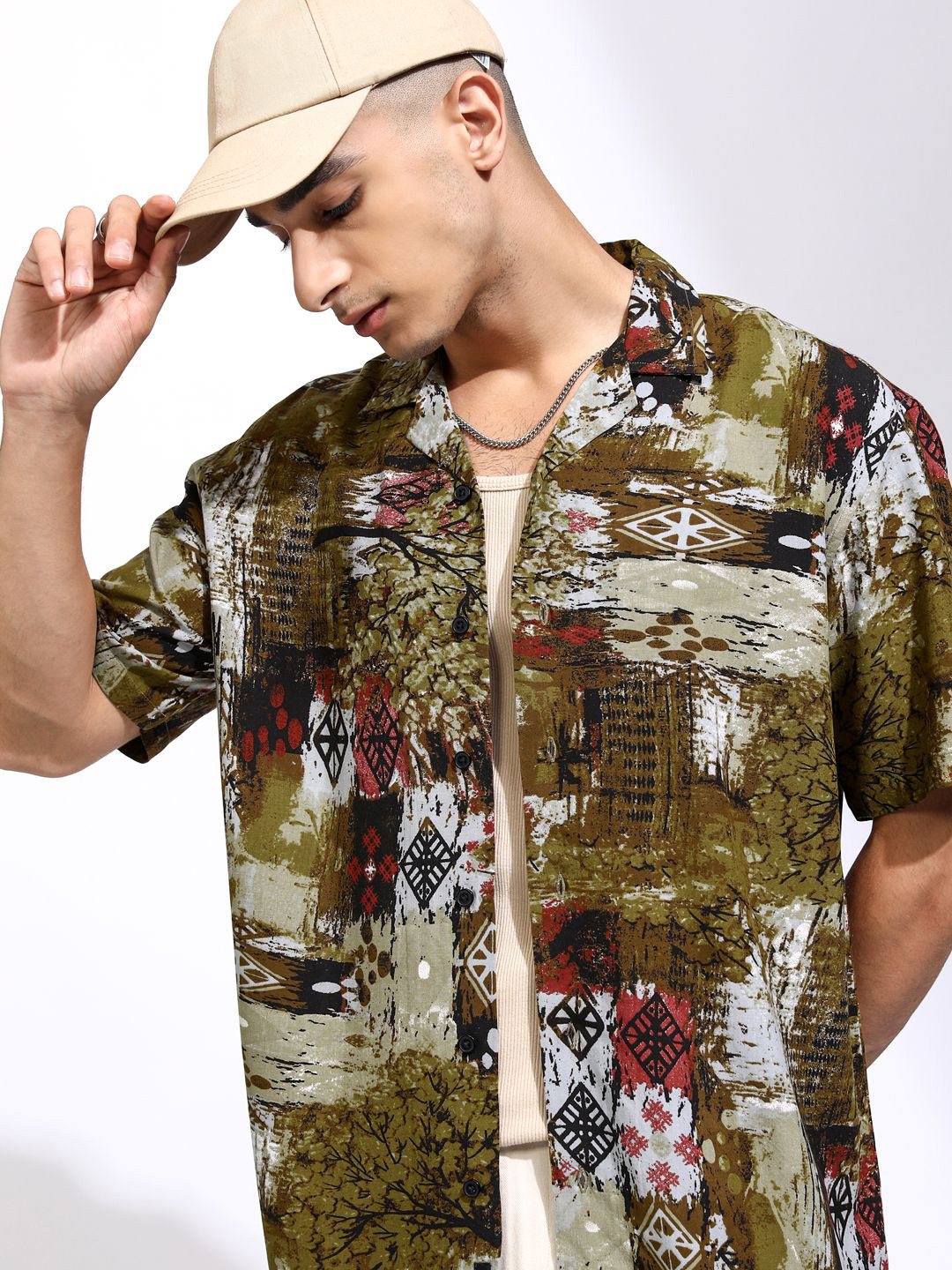 KETCH Men Olive Mui Viscose Abstract Printed Cuban Collar Relaxed Shirt