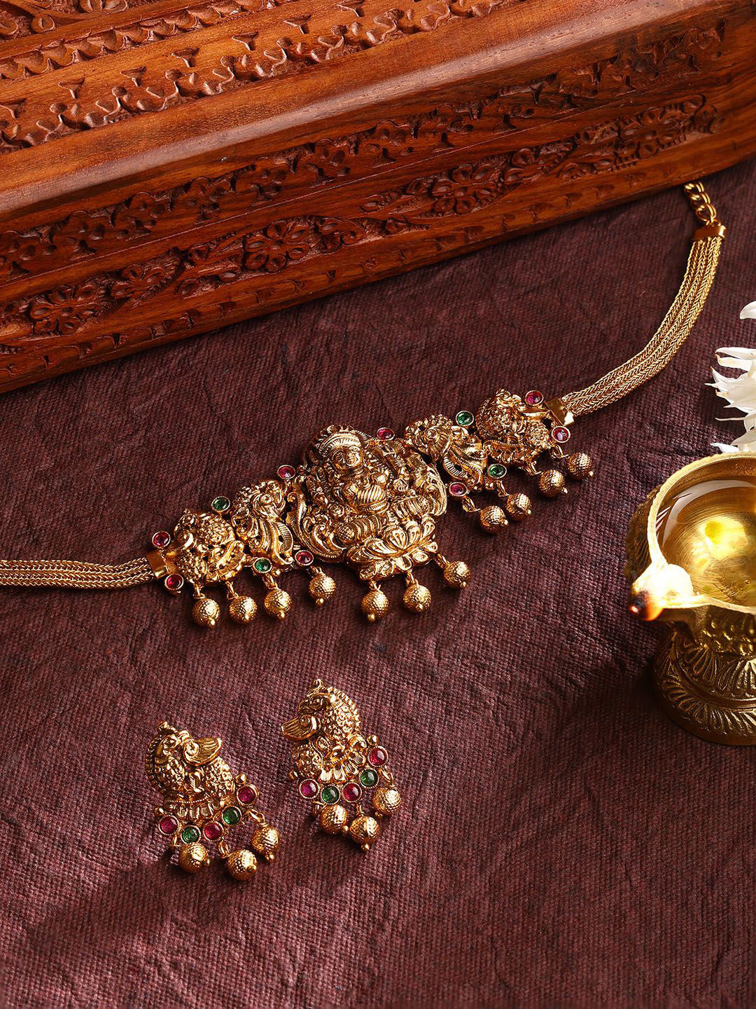 Priyaasi Gold-Plated Stone-Studded Lakshmi Attigai Choker Necklace With Drop Earrings